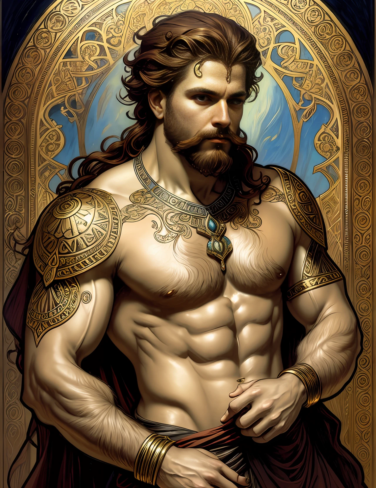 A painted portrait of a fitted Hades, god of the underworld, greek god, red hair, evil eyes, bronze skin,  male, mature, handsome, upper body, muscular, hairy torso, fantasy, intricate, elegant, highly detailed, digital painting, art station, concept art, soft, sharp focus, illustration, art by Gaston Bussiere and Alphonse Mucha --auto --s2