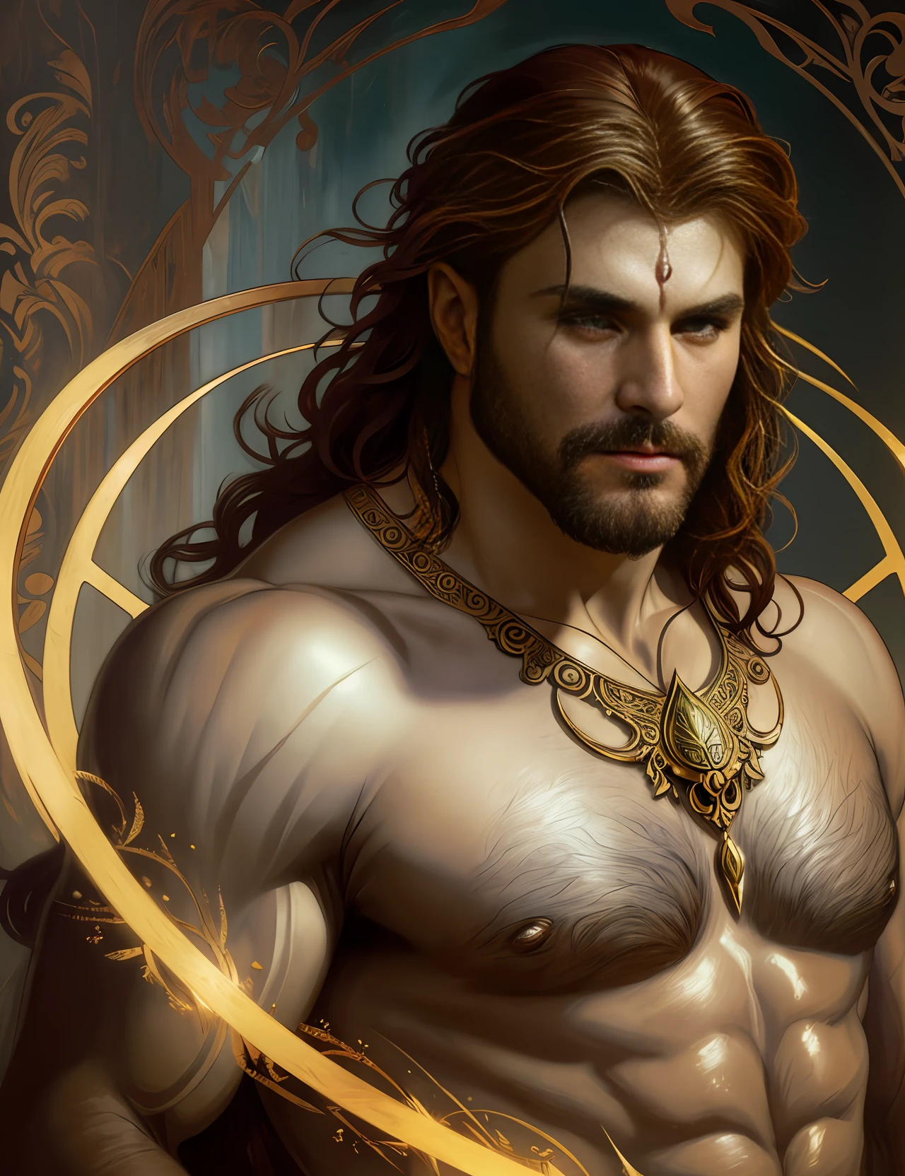 A painted portrait of a fitted Hades, god of the underworld, greek god, red hair, evil eyes, bronze skin, male, mature, handsome, upper body, muscular, hairy torso, fantasy, intricate, elegant, highly detailed, digital painting, art station, concept art, soft, sharp focus, illustration, art by Gaston Bussiere and Alphonse Mucha --auto --s2