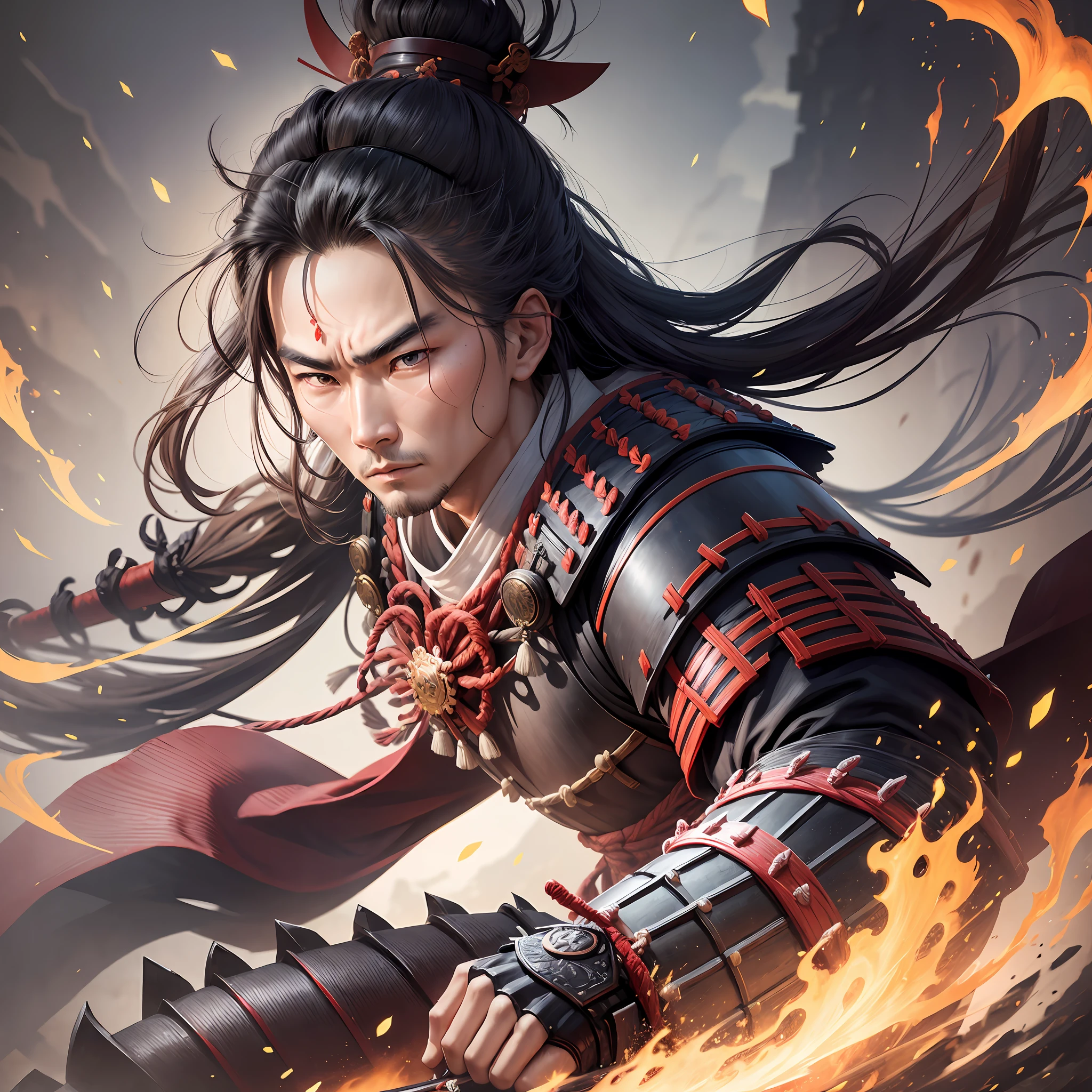 Visualize a powerful samurai in the midst of an important historical moment, displaying their skill and bravery as they make a decisive move that will change the course of history --auto --s2