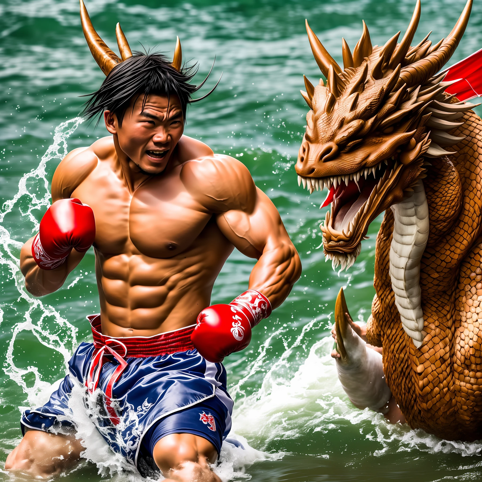 Dragon Boat Festival a muscular man fights boxing, eats zongzi and races dragon boats on the Yangtze River --auto --s2