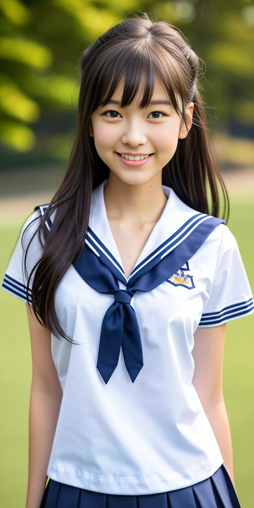 neat college girl, (school uniform, sailor uniform, ribbon tied at chest, summer uniform, upper body white, skirt is navy blue), outside the athletic field, (slim), photorealistic, detail, skin texture, ultra detail, delicate and sexy collarbone, smile, super detailed face, detailed lips, detailed eyes, double eyelids, small breasts, small breasts, small, flat breasts, breast emphasis