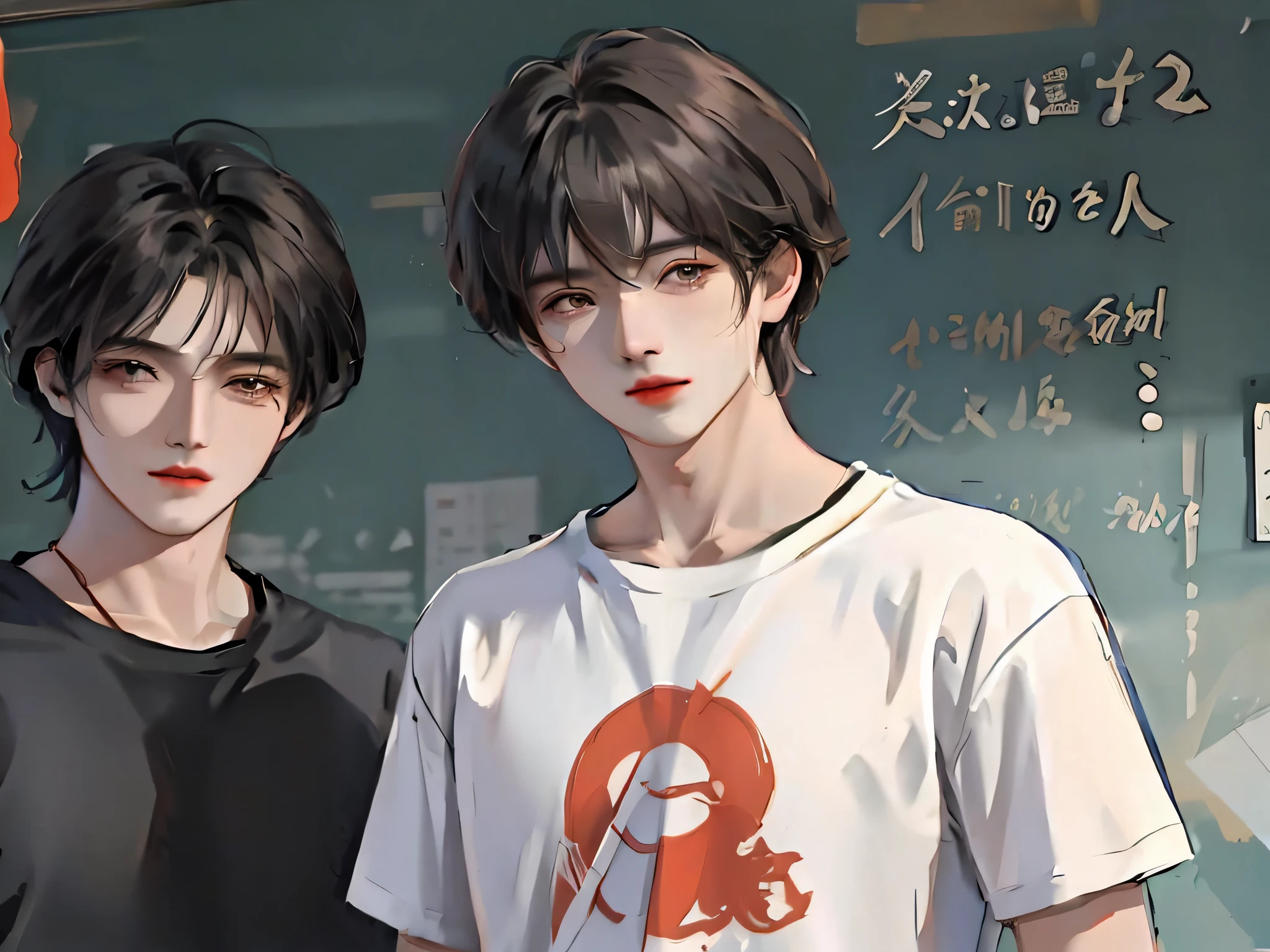 anime boy and girl standing next to each other in front of a wall, two anime handsome men, artwork in the style of guweiz, inspired by Bian Shoumin, guweiz, inspired by Yanjun Cheng, two young men, inspired by Xiao Yuncong, inspired by Zhang Han, trending on cgstation, trending at cgstation, cai xukun