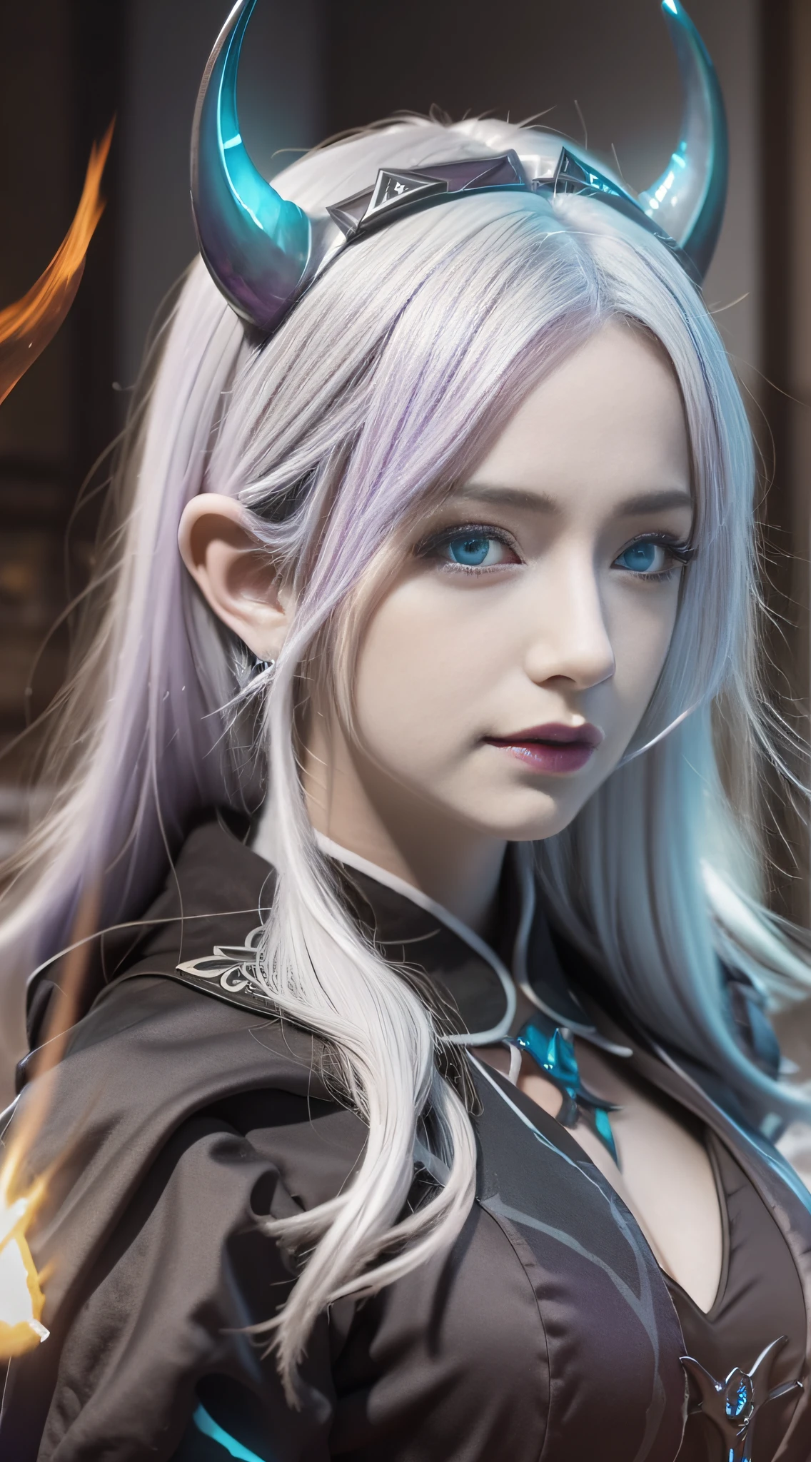(best quality, realistic, detailed), 8k CG, perfect artwork, 1girl, adult shedrn, horns, white hair, blue skin, glowing yellow eyes, (style-swirlmagic:1.0), portrait, looking at viewer, solo, half shot, detailed background, detailed face, (gothic dark fantasy theme:1.1) evil wizard, tattered Medium Brown magical robes, determined expression, purple color scheme, dark scarlet light, library, bookshelves, glowing magical runes, dark atmosphere, shadows, realistic lighting, floating particles, embers, surrounded by fire, (thick melting candles:0.8), green arcane symbols, corrupted by eldritch power, power-hungry eyes, masterpiece bloom