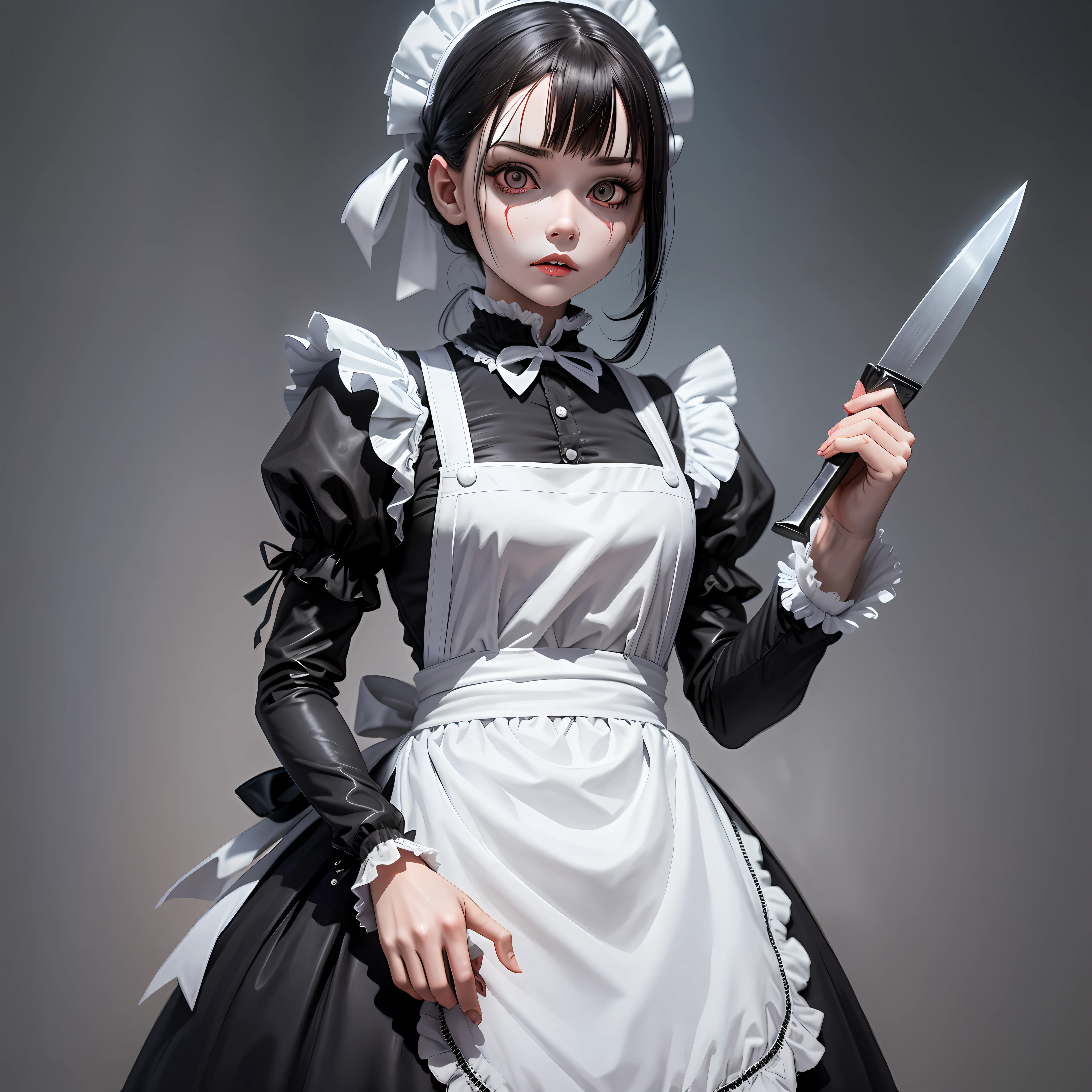 Terrifying doll with steel teeth and dark eyes. Dressed as a maid in black dress and white apron. Standing with a bloody knife in his right hand