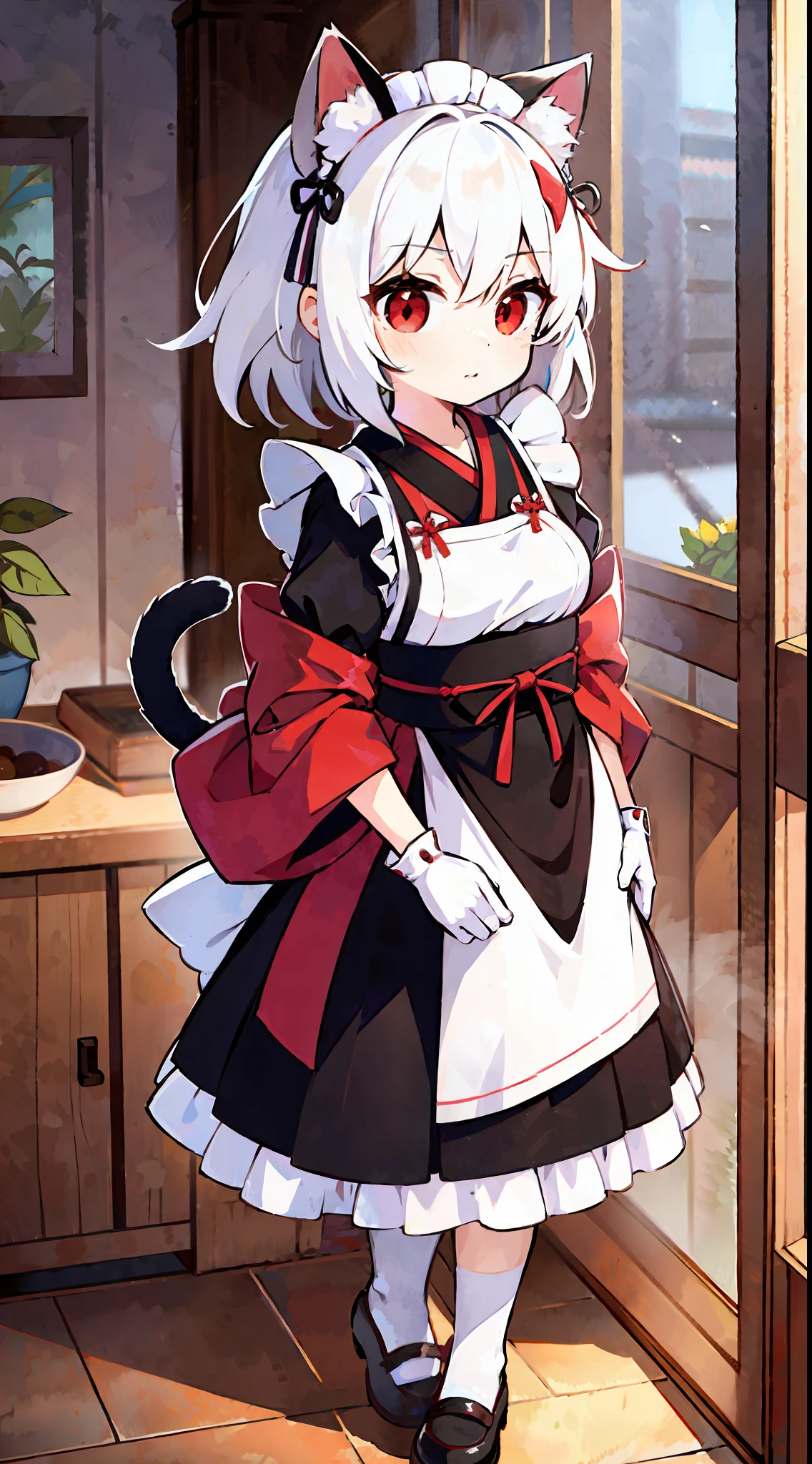 1girl, masterpiece, best quality, ultra-detailed, cat ears, boobs, ****, child ,white hair ,red eyes ,medium hair ,hair between eyes ,cute ,maid ,kimono ,(full body)