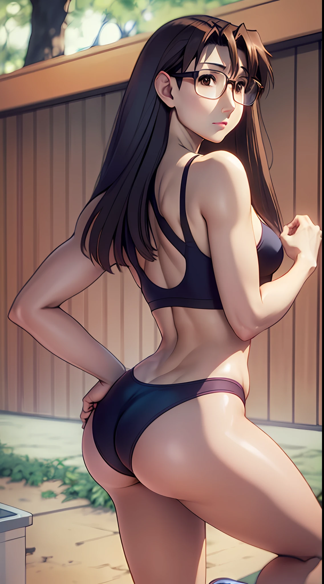 Koyomi Mizuhara, long hair, brunette female, glasses, sling swimsuit, medium size breasts, thighs, shoes, slender figure, athletic build, view from behind, plump ass, touching her butt