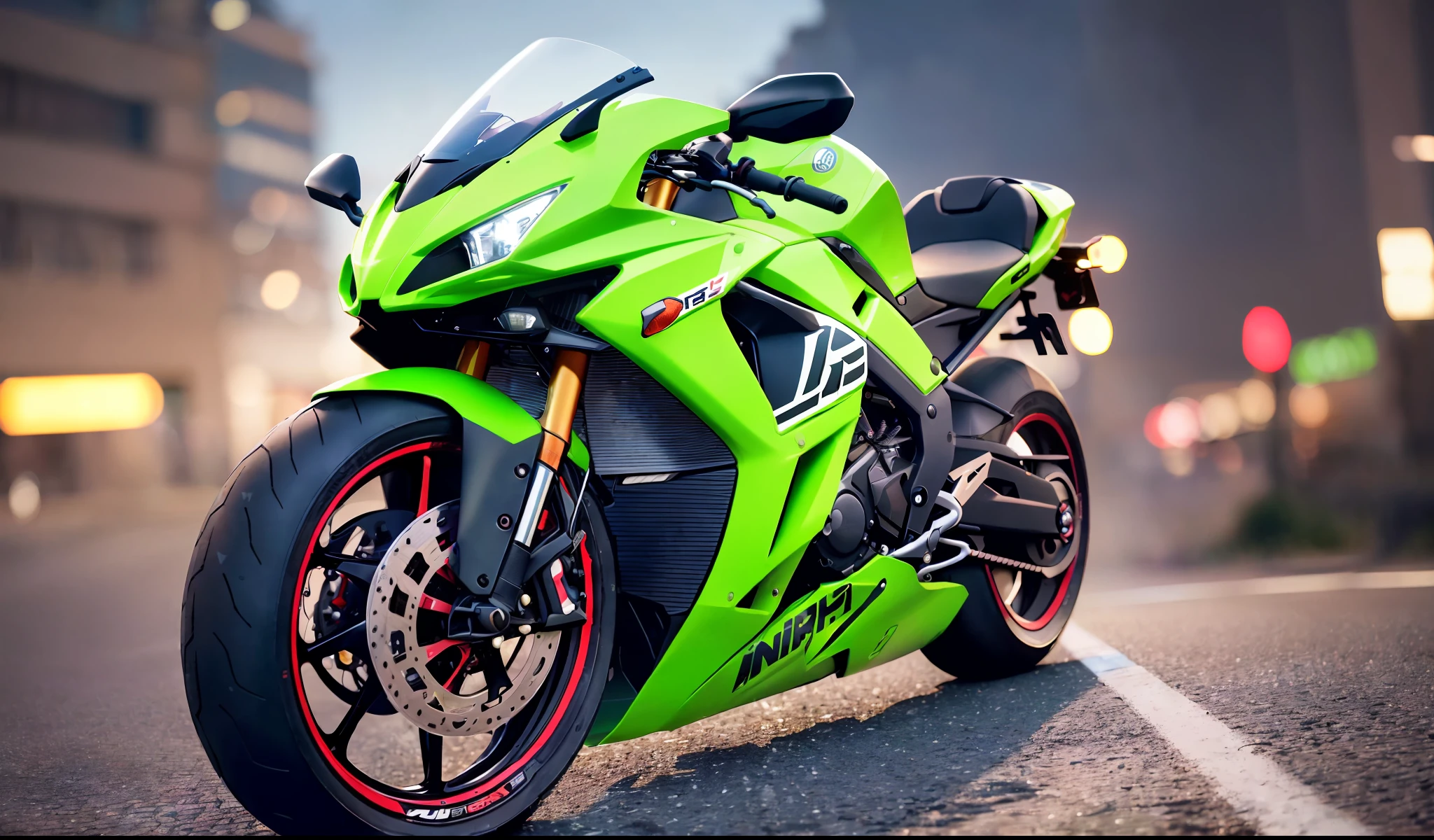 1 bite :1.5,(Ninja 400, Sports Racing type,Full Modified Stickers,Green Colour),(UHD,High Detailed,4k, Cenimatic Lighting,(Motion Blur Background,Speed Drive),City Background, Masterpiece,Day Lighting,Roads , Street