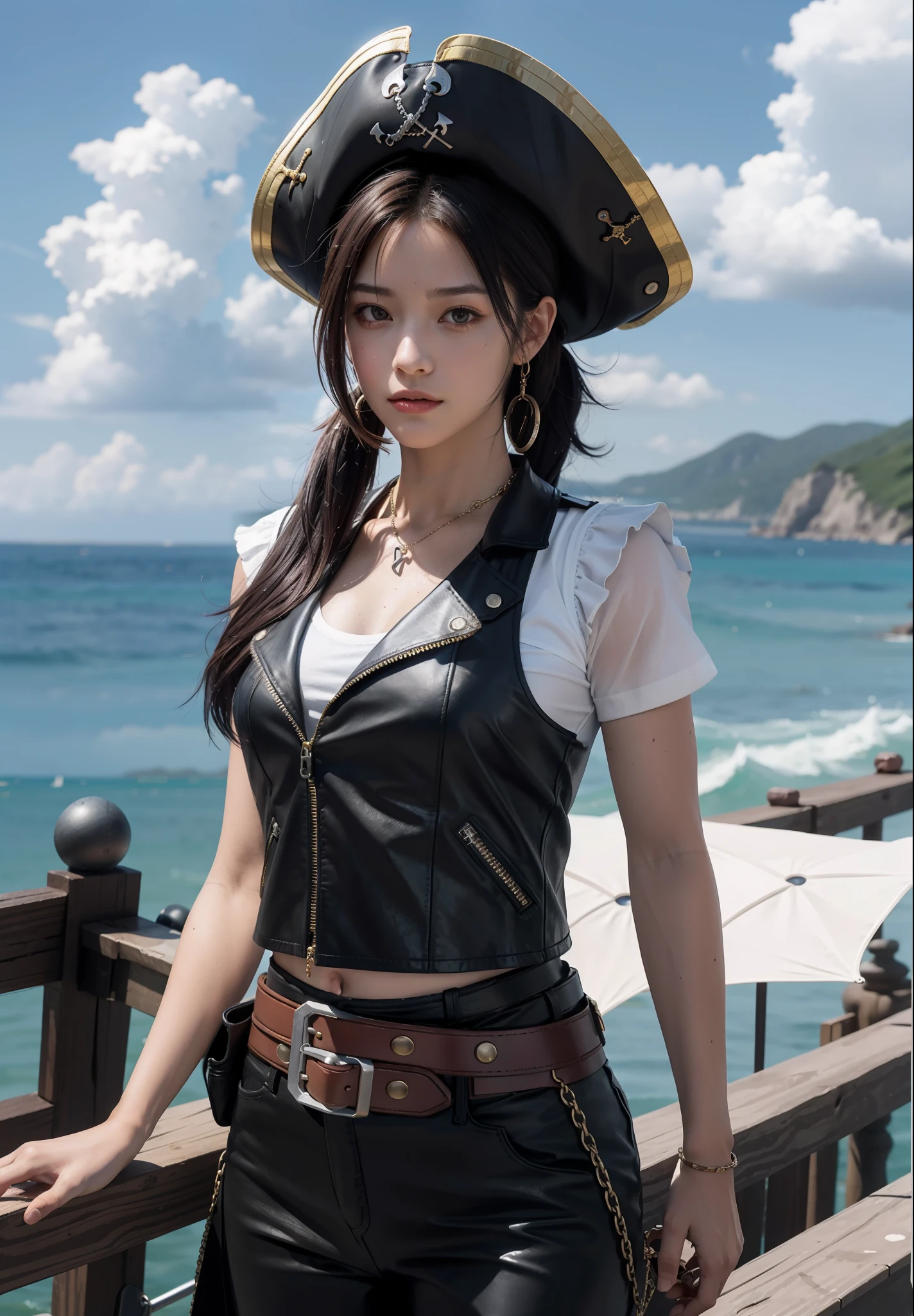 Best Quality, Masterpiece, Ultra High Resolution, (Realisticity: 1.4), Original Photo, 16 Years Old Girl, Tifa, Film Lighting, Seaside, Deck, Pirate Hat, Pirate Costume, Cosplay, Pirates of the Caribbean, Cape, Dark Clothing, Sunny, Blue Sky and White Clouds, Conservative Clothing, Leather Vest, Chain Mail, Belt, Sabre, Bodybuilding, Pick Dyeed Gradient Hair, Bangs, High Ponytail, Facial Focus,