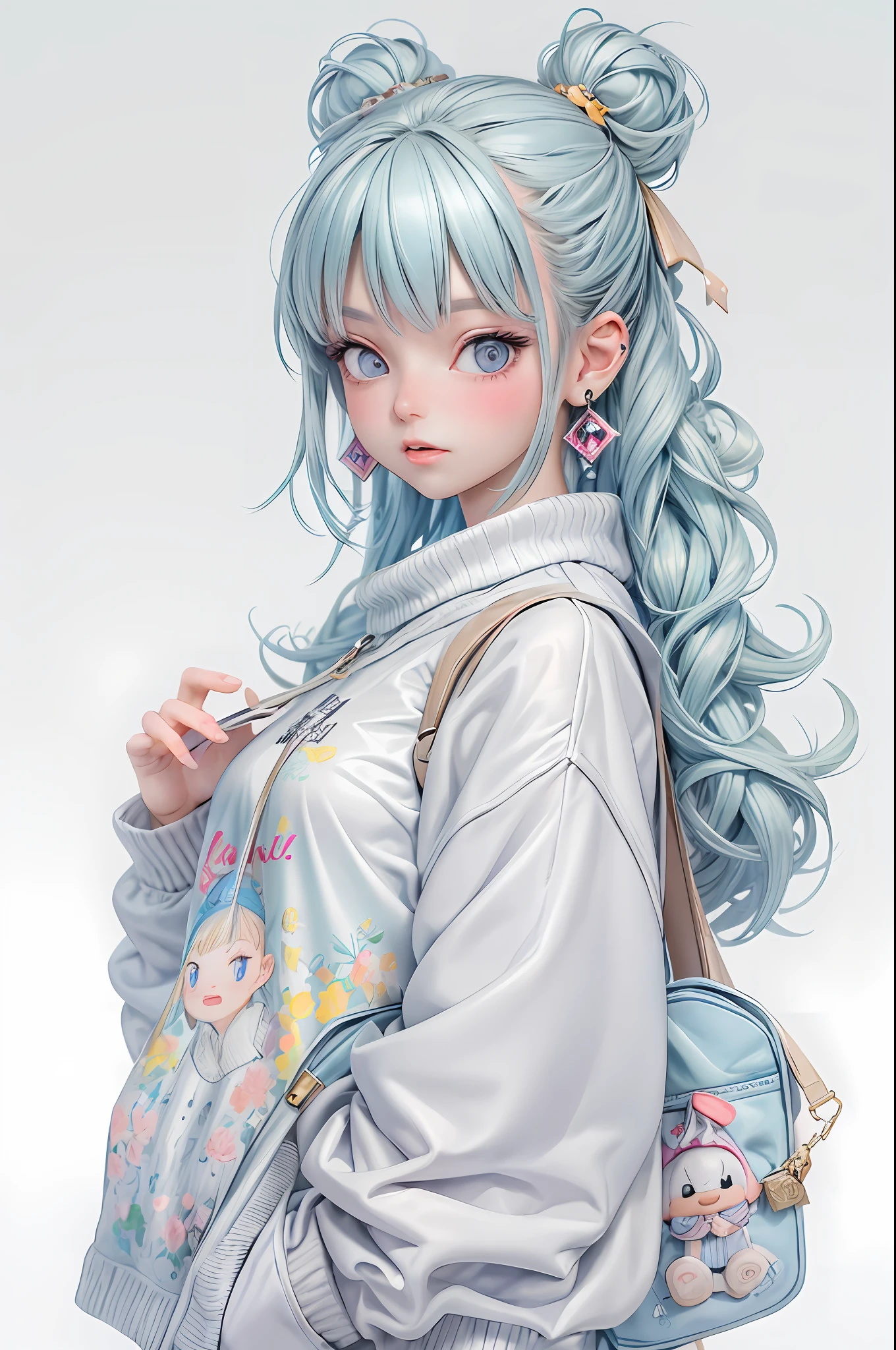 Masterpiece, best quality, official art, 8k wallpaper, very detailed, illustration, 1 girl, sky blue hair, sweatshirt, ladies bag, stuffed animals, earrings