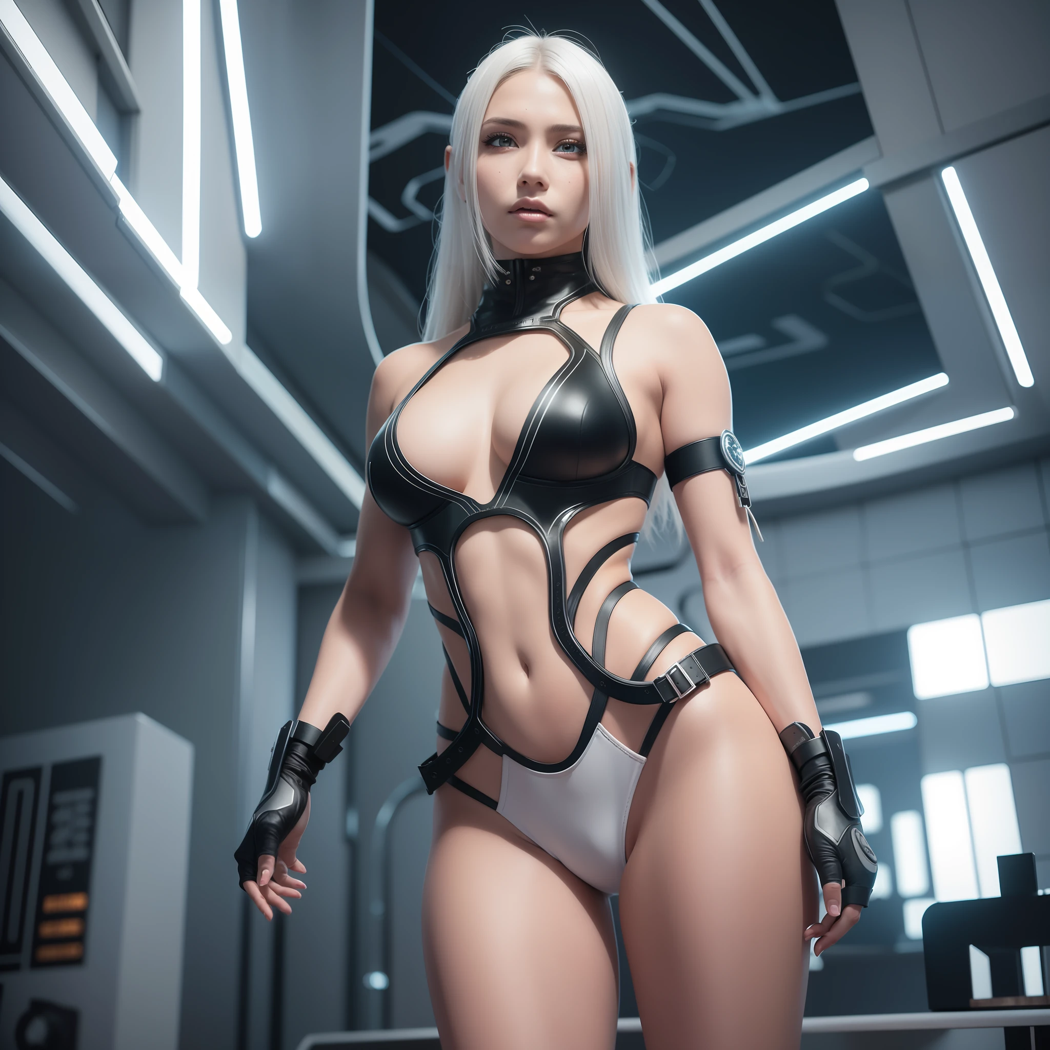 character sheet of stunnig beauty white porcelain woman cyborg, tiny white clothes, tiny upskirt, streetwear cyber outfit, cyberpunk 2077 style, dynamic pose, perfect detailed face, detailed symmetric black eyes with circular iris, realistic, stunning realistic photograph, 3d render, octane render, intricately detailed, cinematic, trending on artstation, Isometric, Centered hipereallistic photo, awesome full color, hand drawn, dark, gritty, mucha, klimt,hideo kojima, erte 12k, high definition, cinematic, neoprene, behance contest winner, portrait featured on unsplash, stylized digital art, smooth, ultra high definition, 8k, unreal engine 5, ultra sharp focus, intricate artwork masterpiece, ominous, epic, TanvirTamim, trending on artstation, by artgerm, h. r. giger and beksinski, highly detailed, vibrant, 8k,sith, android, beautifull woman, no t-shirt, loish, character sheet, lightningwave, 3d, cgi, glowing neon, cyberpunk, ☂️, neon city