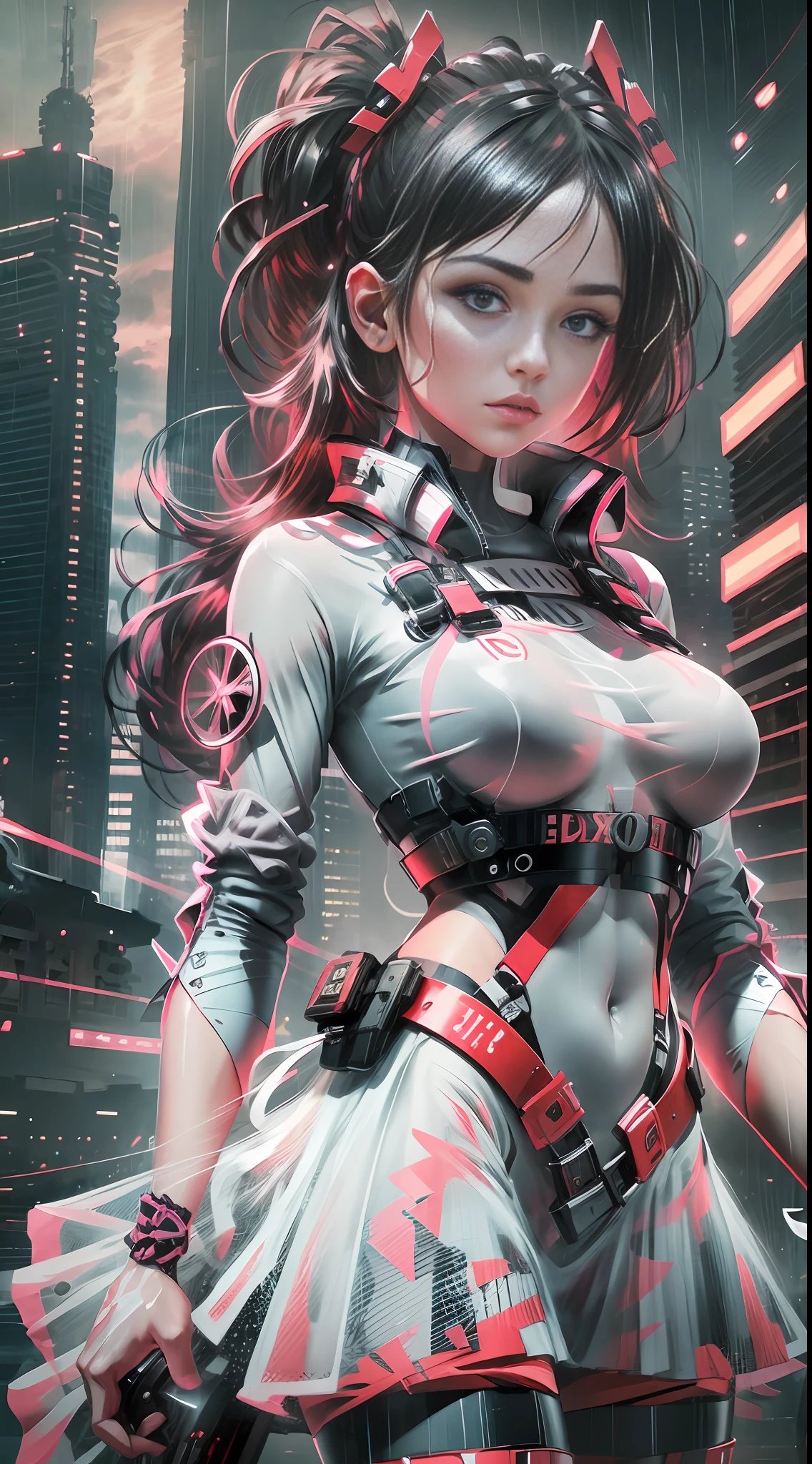 1girl, cowboy shot of zotovalentine, white shirt, red skirt, athletic, city, night, neon, rain, volumetric lighting, best quality, masterpiece, intricate details, tonemapping, sharp focus, hyper detailed, trending on Artstation, realistic,
