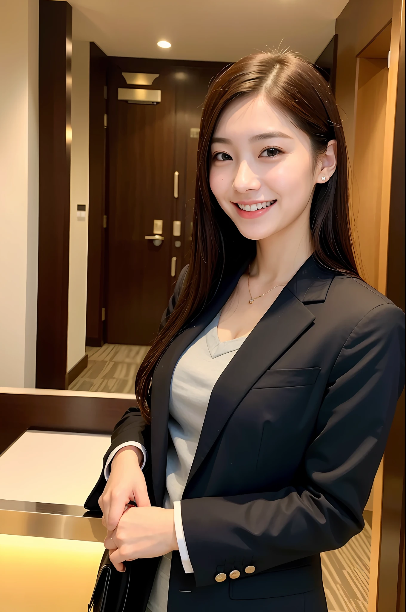 Girl in hotel black suit standing smiling at hotel reception, (best quality, masterpiece: 1.2), woman