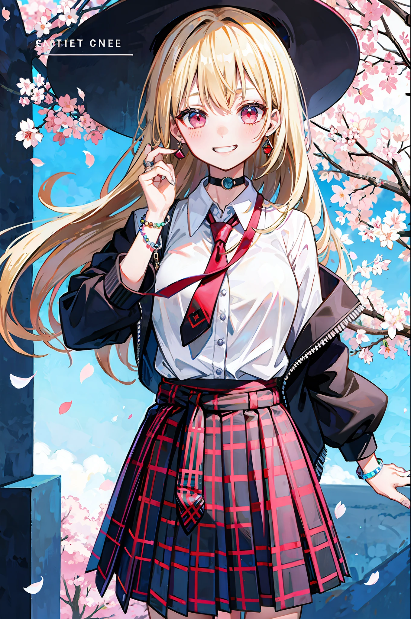 masterpiece, best quality, full body, 1girl, bangs, black choker, black necktie, blonde hair, blue skirt, blush, bracelet, breasts, choker, clothes around waist, collarbone, collared shirt, cowboy shot, dress shirt, ear piercing, eyebrows visible through hair, gradient hair, grin, gyaru, jewelry, kogal, long hair, looking at viewer, loose necktie, necktie, piercing, plaid, plaid skirt, pleated skirt, red eyes, ring, school uniform, shirt, skirt, smile, solo, white shirt, street, sky, cherry blossoms, petals,illustration, (magazine:1.3), (cover-style:1.3), fashionable, woman, vibrant, outfit, posing, front, colorful, dynamic, background, elements, confident, expression, holding, statement, accessory, majestic, coiled, around, touch, scene, text, cover, bold, attention-grabbing, title, stylish, font, catchy, headline, larger, striking, modern, trendy, focus, fashion,