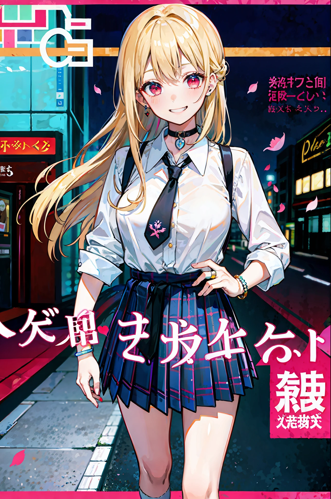 masterpiece, best quality, full body, 1girl, bangs, black choker, black necktie, blonde hair, blue skirt, blush, bracelet, breasts, choker, clothes around waist, collarbone, collared shirt, cowboy shot, dress shirt, ear piercing, eyebrows visible through hair, gradient hair, grin, gyaru, jewelry, kogal, long hair, looking at viewer, loose necktie, necktie, piercing, plaid, plaid skirt, pleated skirt, red eyes, ring, school uniform, shirt, skirt, smile, solo, white shirt, street, sky, cherry blossoms, petals,illustration, (magazine:1.3), (cover-style:1.3), fashionable, woman, vibrant, outfit, posing, front, colorful, dynamic, background, elements, confident, expression, holding, statement, accessory, majestic, coiled, around, touch, scene, text, cover, bold, attention-grabbing, title, stylish, font, catchy, headline, larger, striking, modern, trendy, focus, fashion,