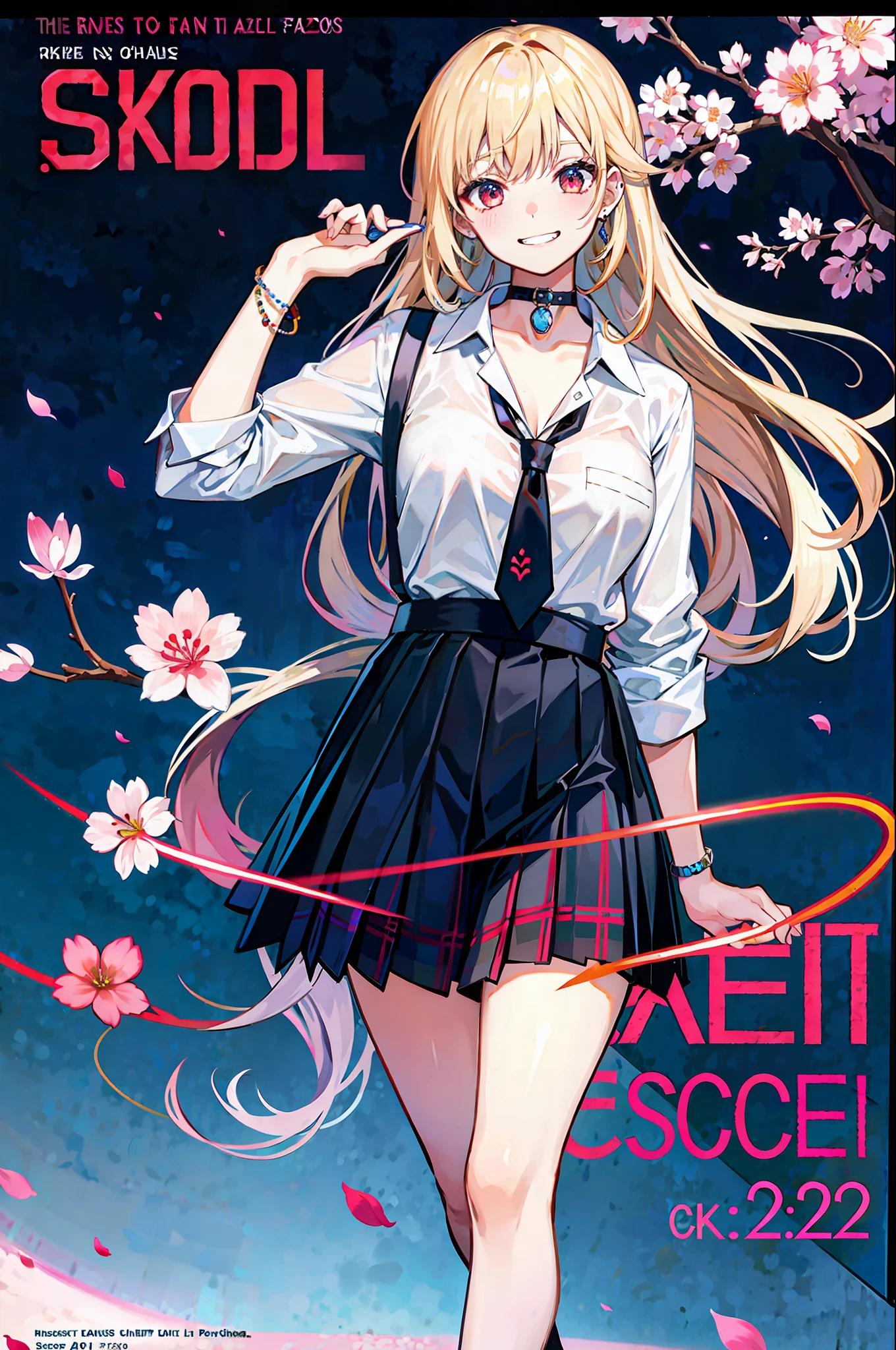 masterpiece, best quality, full body, 1girl, bangs, black choker, black necktie, blonde hair, blue skirt, blush, bracelet, breasts, choker, clothes around waist, collarbone, collared shirt, cowboy shot, dress shirt, ear piercing, eyebrows visible through hair, gradient hair, grin, gyaru, jewelry, kogal, long hair, looking at viewer, loose necktie, necktie, piercing, plaid, plaid skirt, pleated skirt, red eyes, ring, school uniform, shirt, skirt, smile, solo, white shirt, street, sky, cherry blossoms, petals,illustration, (magazine:1.3), (cover-style:1.3), fashionable, woman, vibrant, outfit, posing, front, colorful, dynamic, background, elements, confident, expression, holding, statement, accessory, majestic, coiled, around, touch, scene, text, cover, bold, attention-grabbing, title, stylish, font, catchy, headline, larger, striking, modern, trendy, focus, fashion,