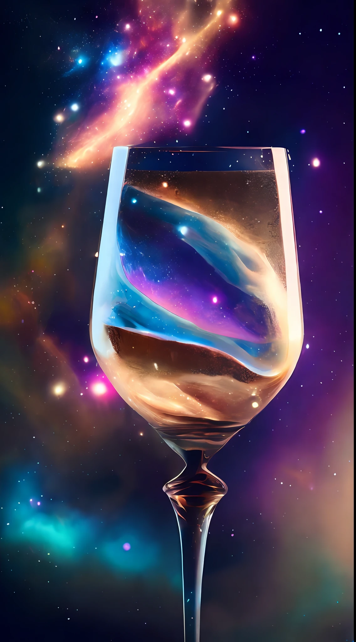 (Masterpiece), Champagne glasses floating in space, Weightlessness, (((Flight))), Colorful nebula background, Octane rendering, Ultra realistic, Rim lights, Cinematic lighting, Sharp focus, Bokeh