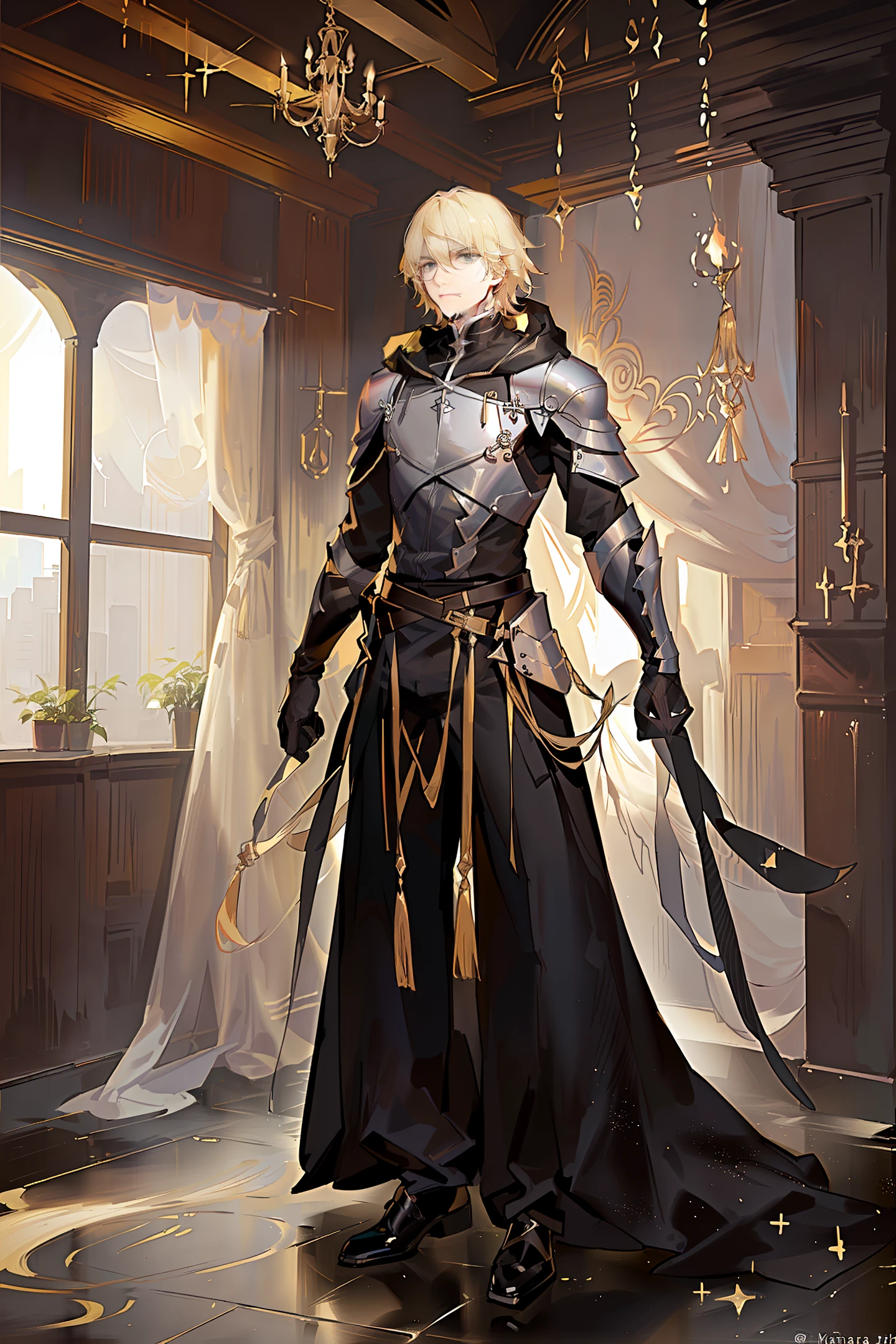 A man, blonde hair, stubble, black hood, assassin clothes, beige skin, black pants, arcane, esoteric, on the sky.
