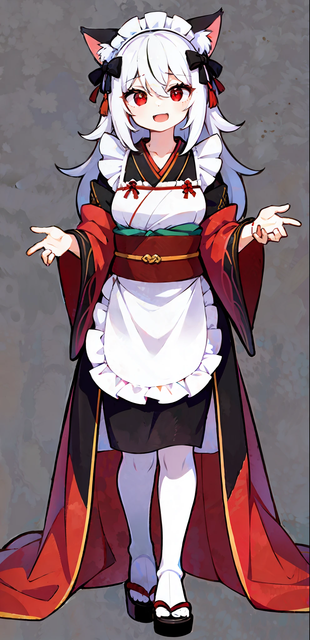 1girl, masterpiece, best quality, ultra-detailed, cat ears, boobs, , child ,white hair ,red eyes ,medium hair ,hair between eyes ,cute ,maid ,kimono ,(full body) ,simple background