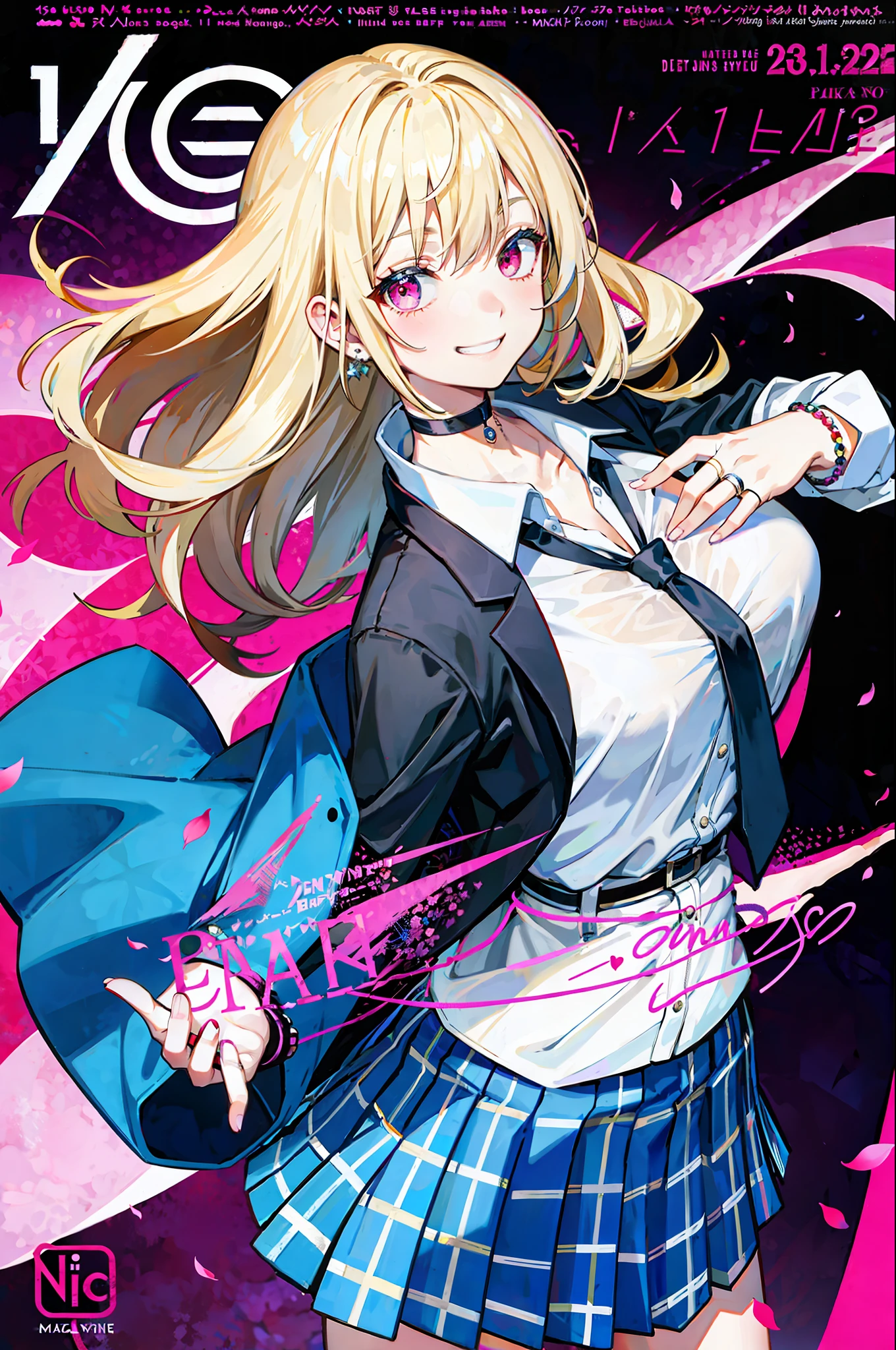 masterpiece, best quality, full body, 1girl, bangs, black choker, black necktie, blonde hair, blue skirt, blush, bracelet, breasts, choker, clothes around waist, collarbone, collared shirt, cowboy shot, dress shirt, ear piercing, eyebrows visible through hair, gradient hair, grin, gyaru, jewelry, kogal, long hair, looking at viewer, loose necktie, necktie, piercing, plaid, plaid skirt, pleated skirt, red eyes, ring, school uniform, shirt, skirt, smile, solo, white shirt, street, sky, cherry blossoms, petals,illustration, (magazine:1.3), (cover-style:1.3), fashionable, woman, vibrant, outfit, posing, front, colorful, dynamic, background, elements, confident, expression, holding, statement, accessory, majestic, coiled, around, touch, scene, text, cover, bold, attention-grabbing, title, stylish, font, catchy, headline, larger, striking, modern, trendy, focus, fashion,