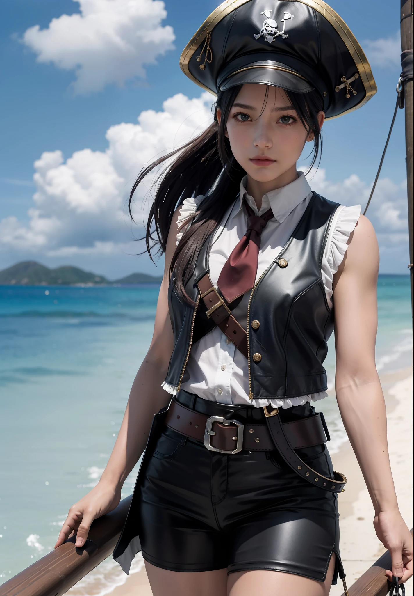 Best Quality, Masterpiece, Ultra High Resolution, (Realisticity: 1.4), Original Photo, Girl, Tifa, Film Lighting, Seaside, Deck, Pirate Hat, Pirate Costume, Cosplay, Pirates of the Caribbean, Cape, Dark Clothing, Sunny, Blue Sky and White Clouds, Conservative Clothing, Leather Vest, Chain Mail, Belt, Sabre, Bodybuilding, Pick Dyeed Gradient Hair, Bangs, High Ponytail, Facial Focus,