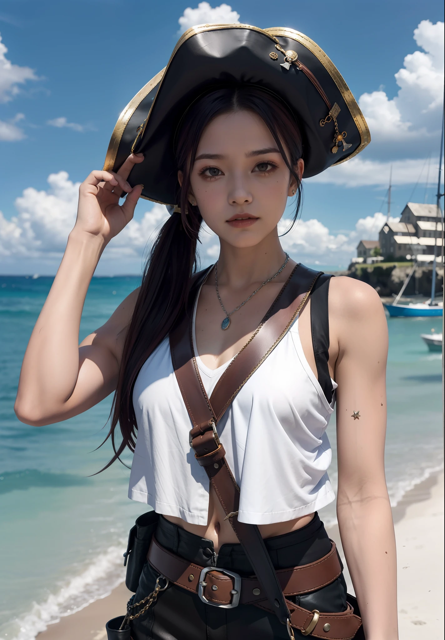 Best Quality, Masterpiece, Ultra High Resolution, (Realisticity: 1.4), Original Photo,  Girl, Tifa, Film Lighting, Seaside, Deck, Pirate Hat, Pirate Costume, Cosplay, Pirates of the Caribbean, Cape, Dark Clothing, Sunny, Blue Sky and White Clouds, Conservative Clothing, Leather Vest, Chain Mail, Belt, Sabre, Bodybuilding, Pick Dyeed Gradient Hair, Bangs, High Ponytail, Facial Focus,