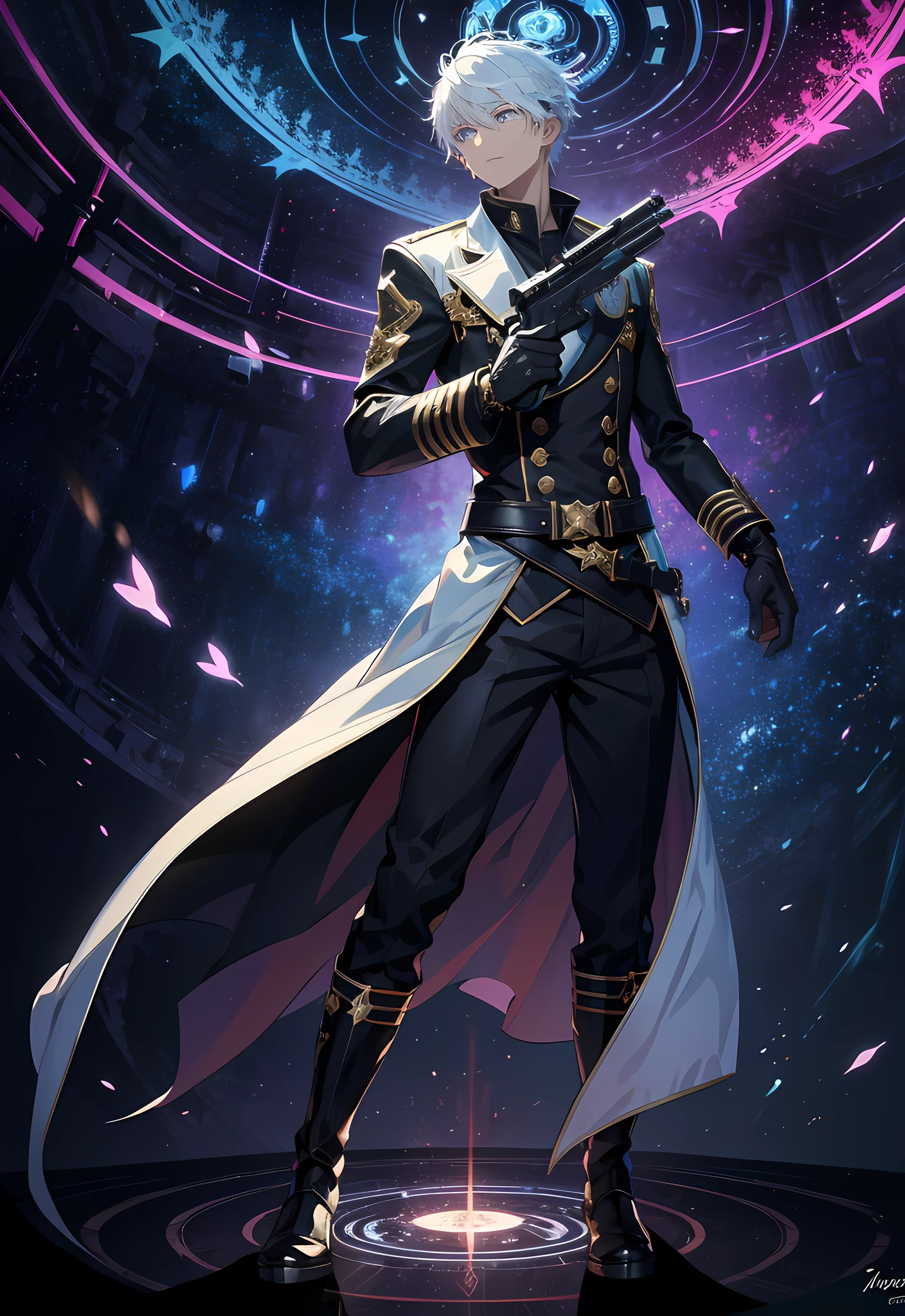 (absurdres, highres, ultra detailed, HDR), masterpiece, best quality, solo, a boy holding gun, magic gun, intricate gun, handsome, short hair, white hair, leather outfit, BREAK, dark persona, light persona, fractal, full body, ceiling, artistic background, Bio-luminescence, geometric, Organic, blessing, favor, exalted, fantasy, celestial, sublime, noble, unfolding, unraveling, spiritual, dignified, magic circle, spark, swirl, vortex, real shadow, from side, look at viewer