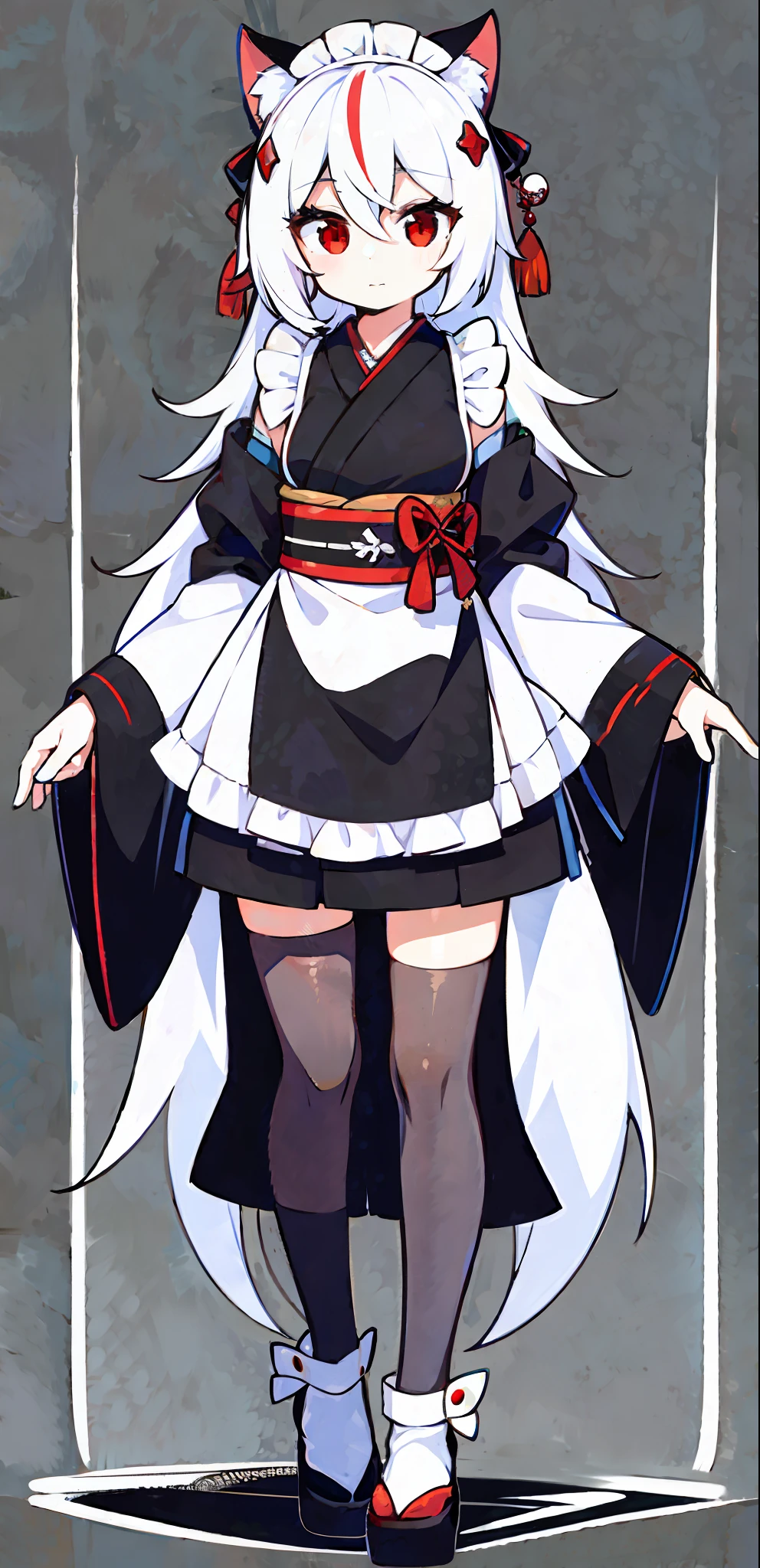 1girl, masterpiece, best quality, ultra-detailed, cat ears, boobs, , child ,white hair ,red eyes ,medium hair ,hair between eyes ,cute ,maid ,kimono ,(full body) ,simple background