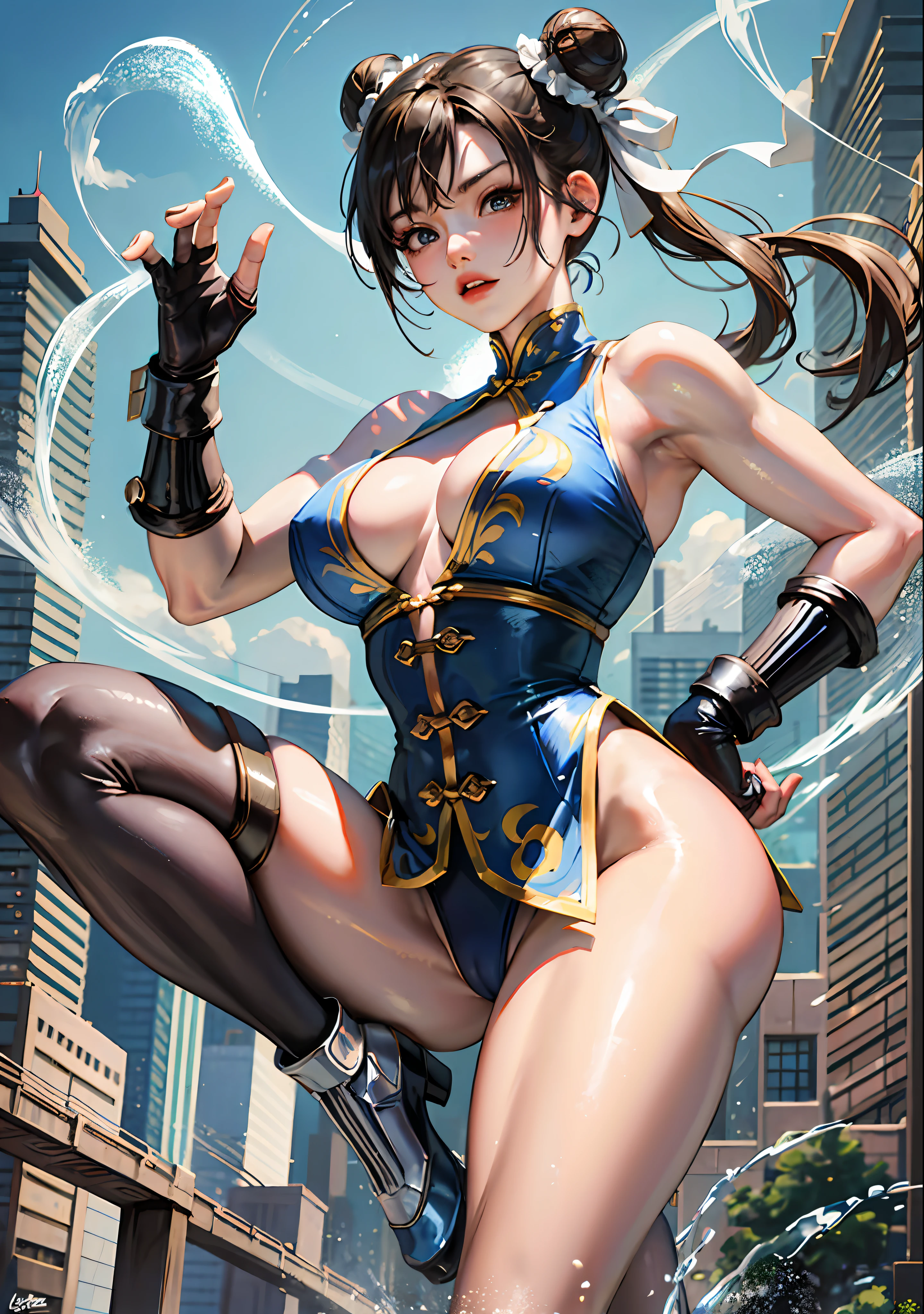 A Street Fighter's Chun-Li Masterpiece, CG, Small Man's Waist, Long Leg Proportions, Longeyelashes, Determined, White High Boots, Best Light and Shadow, Back-Up View, Capcom Style, Ultra HD, 8K, Real Skin, All Body is Water, Chun-Li's Signature Move, Black Tights, Big Watery Eyes, High Nose Bridge, Small Mouth, Big Breasts, Crotch Width, Chun Li's Classic Costume, Mature, 30 Years Old, Full Body, Splash Surrounding, Kicking, On the streets of Shibuya, Tokyo