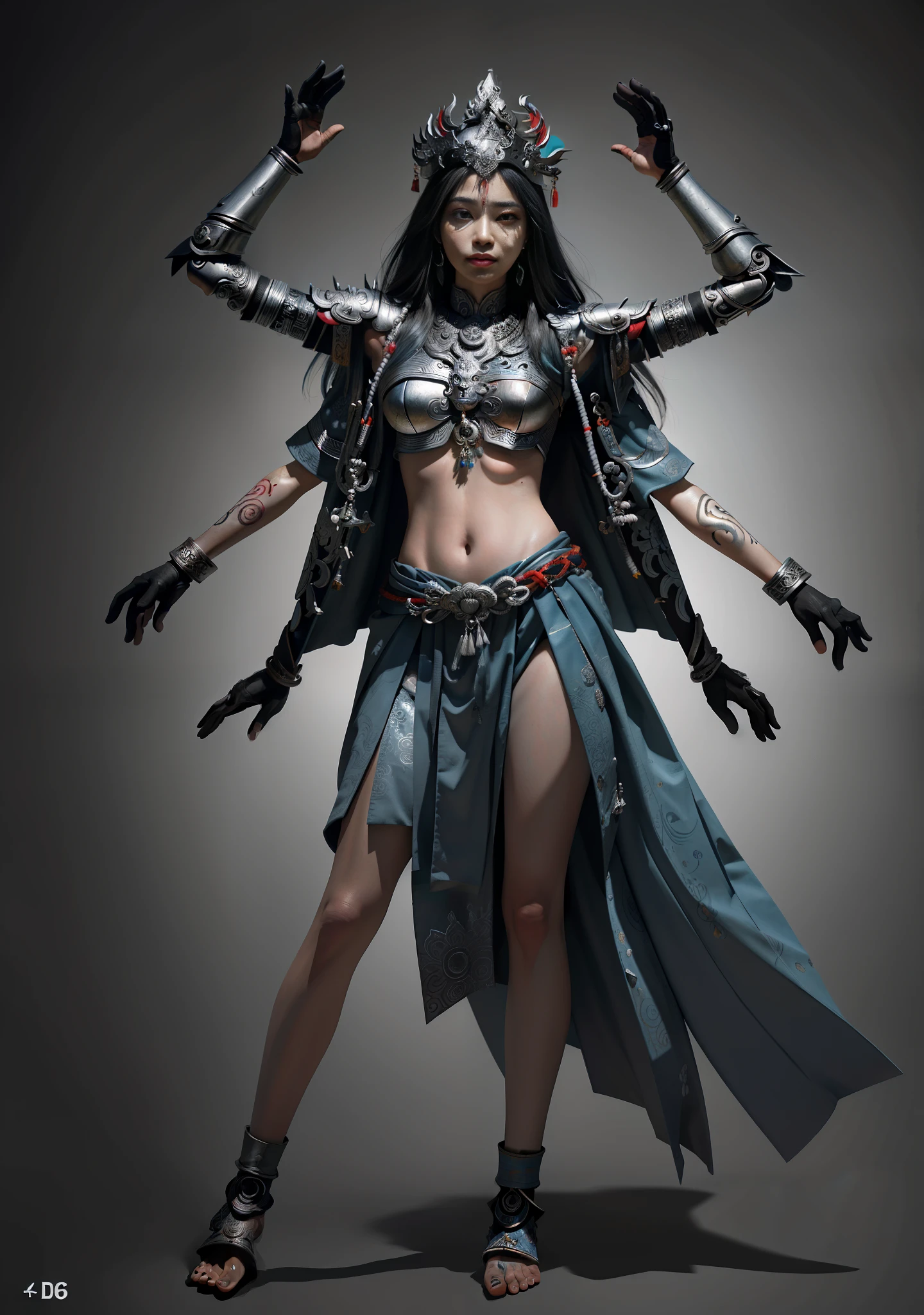 Asura Goddess, Buddhist elements, long silver hair, detailed face and eyes, full body, Japanese armor, rich details, gorgeous patterns, shabby fabric, barefoot, realistic, photo, masterpiece, realism, high contrast, realistic digital art trends in Artstation 8k hd HD details realistic, detailed, skin texture, super detailed, realistic skin texture, armature, best quality, super high resolution, (realistic:1.4),, high resolution, detailed, original photo, sharp re, Lee Jeffries Nikon D850 Film Stock Photo 4 Kodak Portra 400 Camera F1.6 Lens Rich Colors Ultra-realistic textures Dramatic lighting Unreal Engine Trends on the Art Station Movie Still 800
