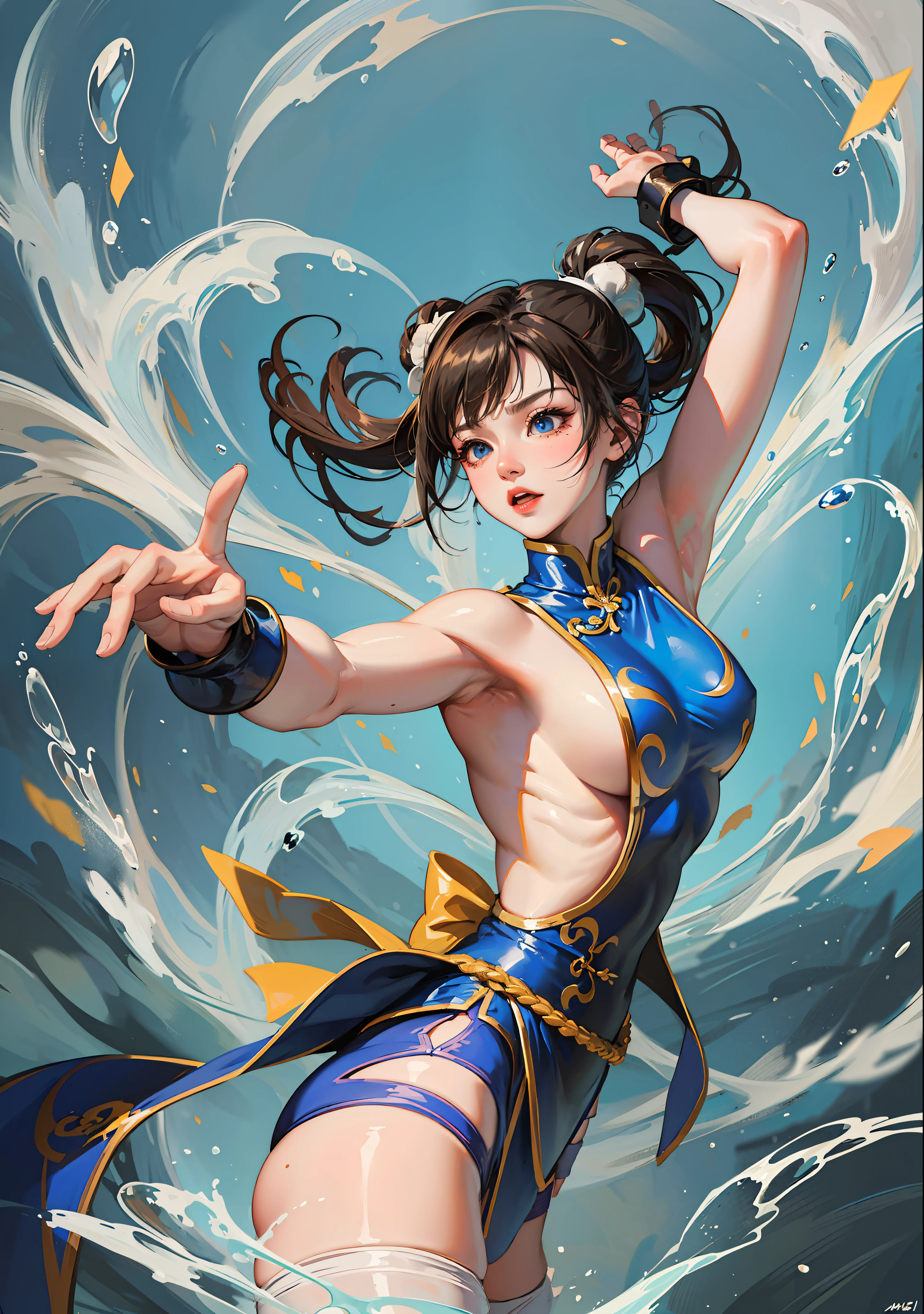 Street Fighter's Chun Li, very beautiful girl, small man's waist, long leg proportions, longeyelashes, determined, white high boots, best light and shadow, upside view, Capcom style, Ultra HD, 8K, real skin, all over the body is water, Chun Li's signature move, black tights, watery big eyes, high nose bridge, small mouth, big breasts, crotch width, Chun Li's classic clothing, mature, 30 years old, full body, splash around, kicks,