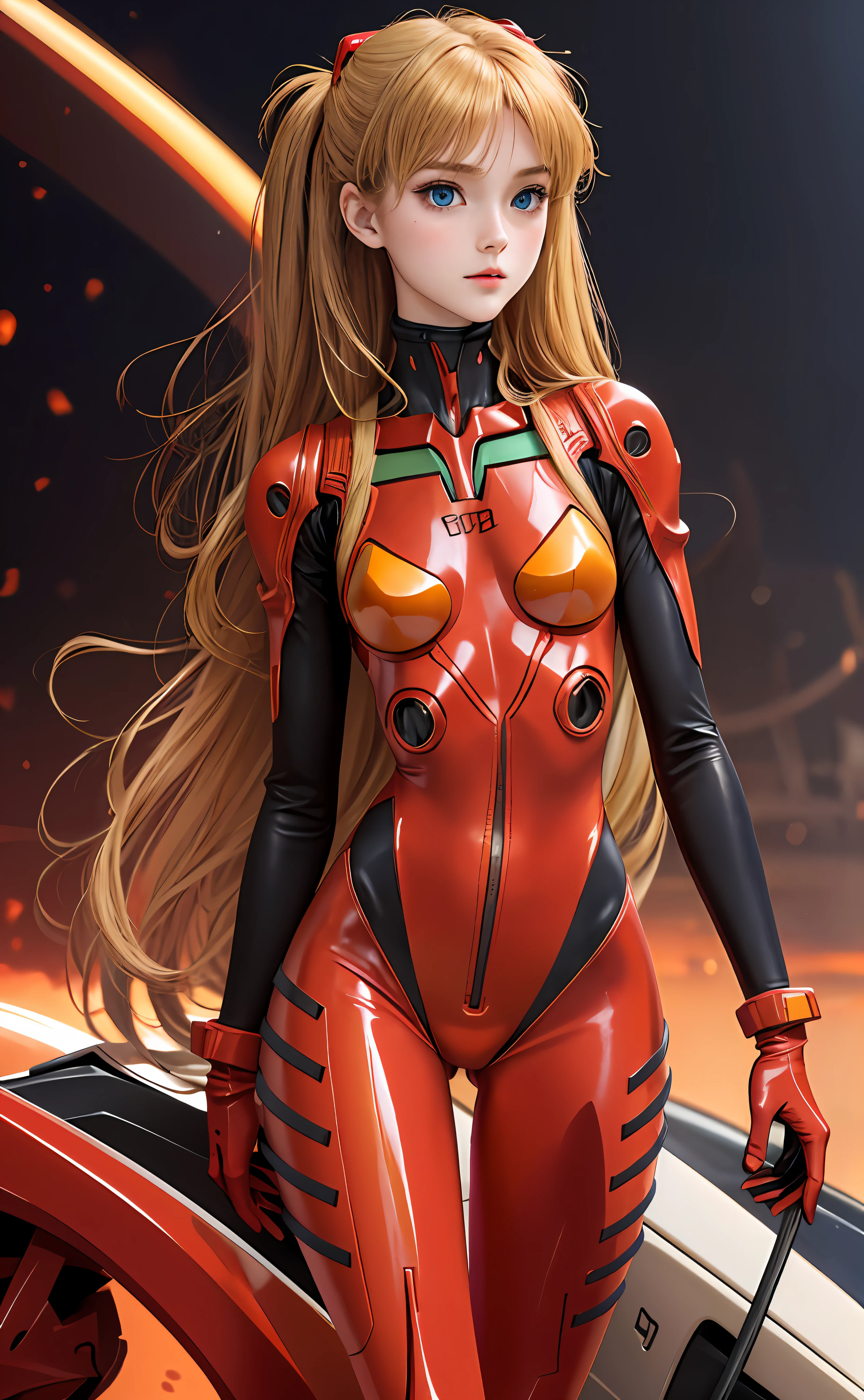 Realistic, Solo, Perfect Detail Face, Detailed Blue Eyes, Very Detailed, Blushing, Hair Ornament, Chignon Mahogany Hair, (Blonde Hair), Plug Suit 02, Shikinami Asuka Langley, Thin Beautiful Legs, Young Face, Clean Eyes, Full Body Suit, Black Background