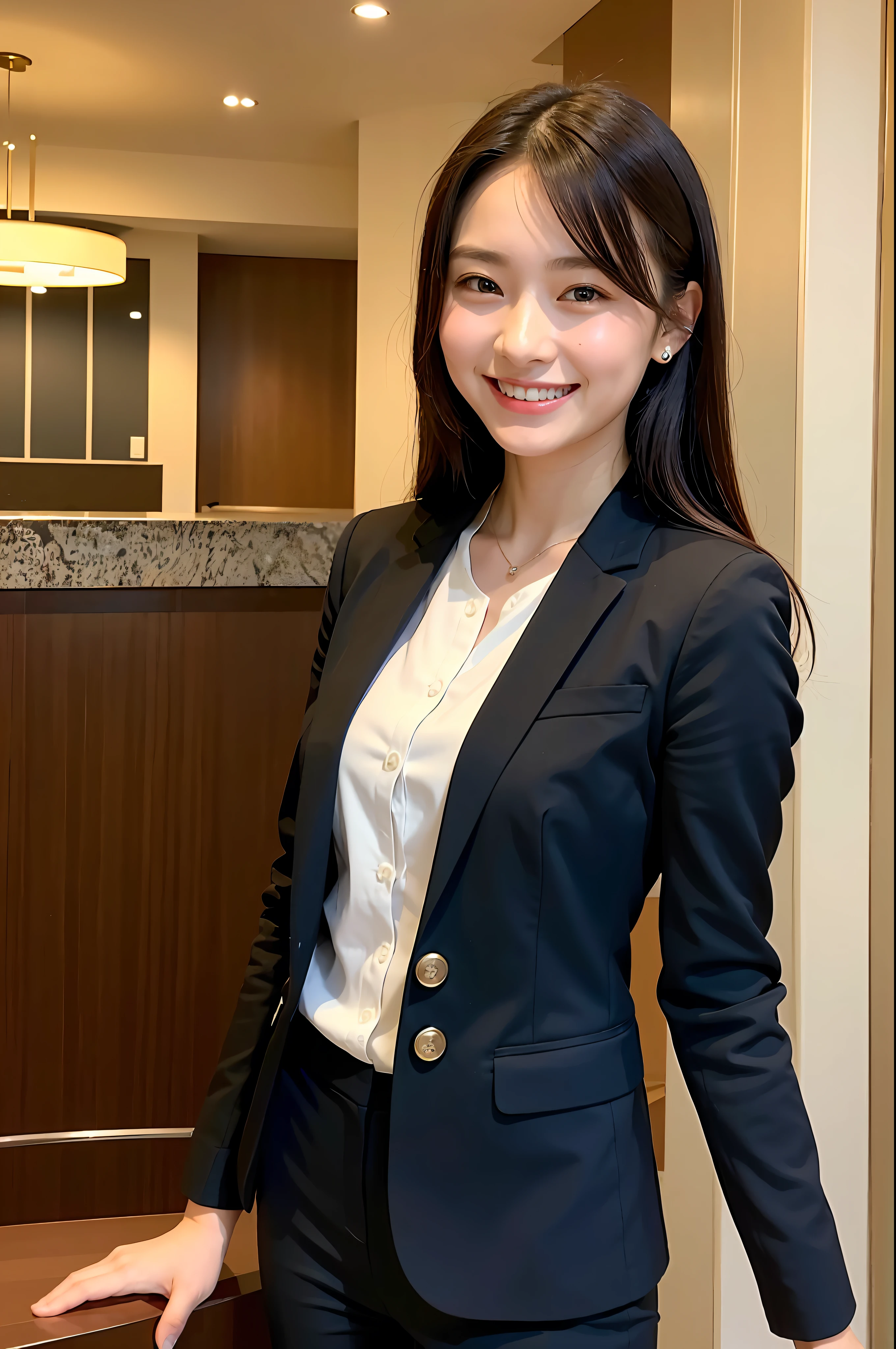 Girl in hotel black suit standing smiling at hotel reception, (best quality, masterpiece: 1.2), woman