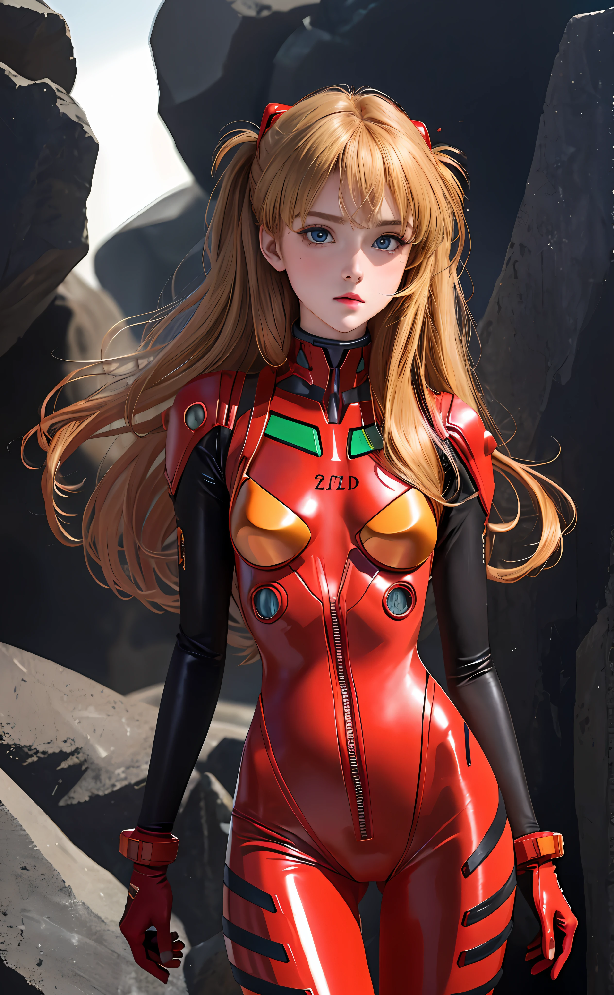 Realistic, Solo, Perfect Detail Face, Detailed Blue Eyes, Very Detailed, Blushing, Hair Ornament, Chignon Mahogany Hair, (Blonde Hair), Plug Suit 02,Shikinami Asuka Langley, thin beautiful legs, young face, pretty eyes, full body suit, black background