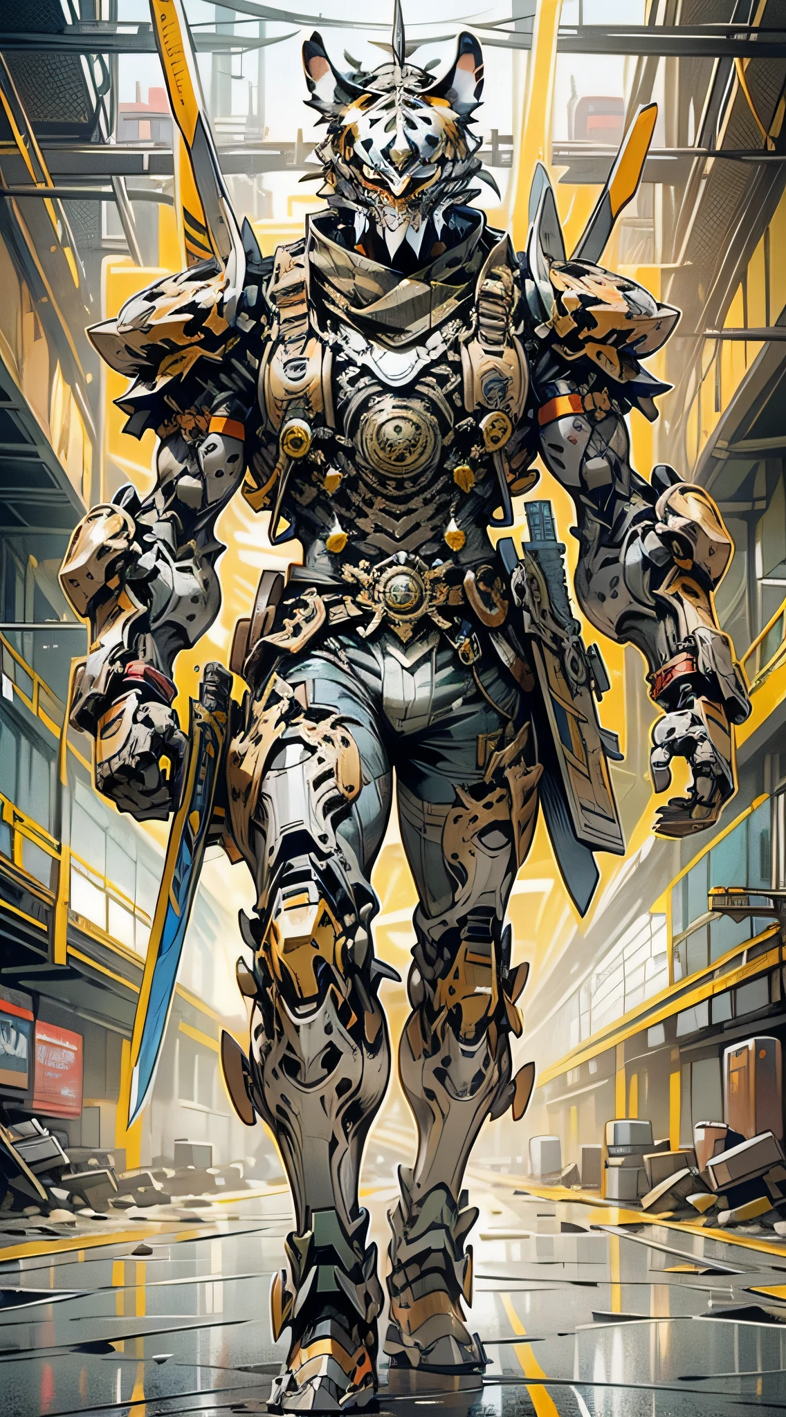 (Masterpiece) A man in antique armor and a tiger mask with a weapon walking down the street, costumed warrior, weapon in hand, cyberpunk style color scheme, ((intricate details, super detailed)) 8K.