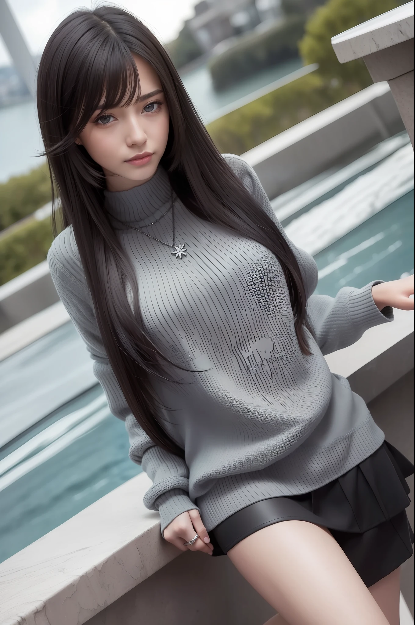(RAW photo:1.2), (photorealistic:1.4),(masterpiece:1.3),(best quality:1.4),ultra high res,(detailed eyes),(detailed facial features),(detailed clothes features),HDR,8k resolution, solo focus, bangs, skin tight, (shiny skin),(slender girl),dreamlike,
(extreme detailed illustration),check commentary,commentary request,scenery,no text,
VirtualGirl-Aim, medium breasts, straight hair, long hair, black hair, black eyes,
1girl, upper body,
crystal pendant,grey sweater,hip skirt,high-heeled shoes,
cute, innocent,
(smile),