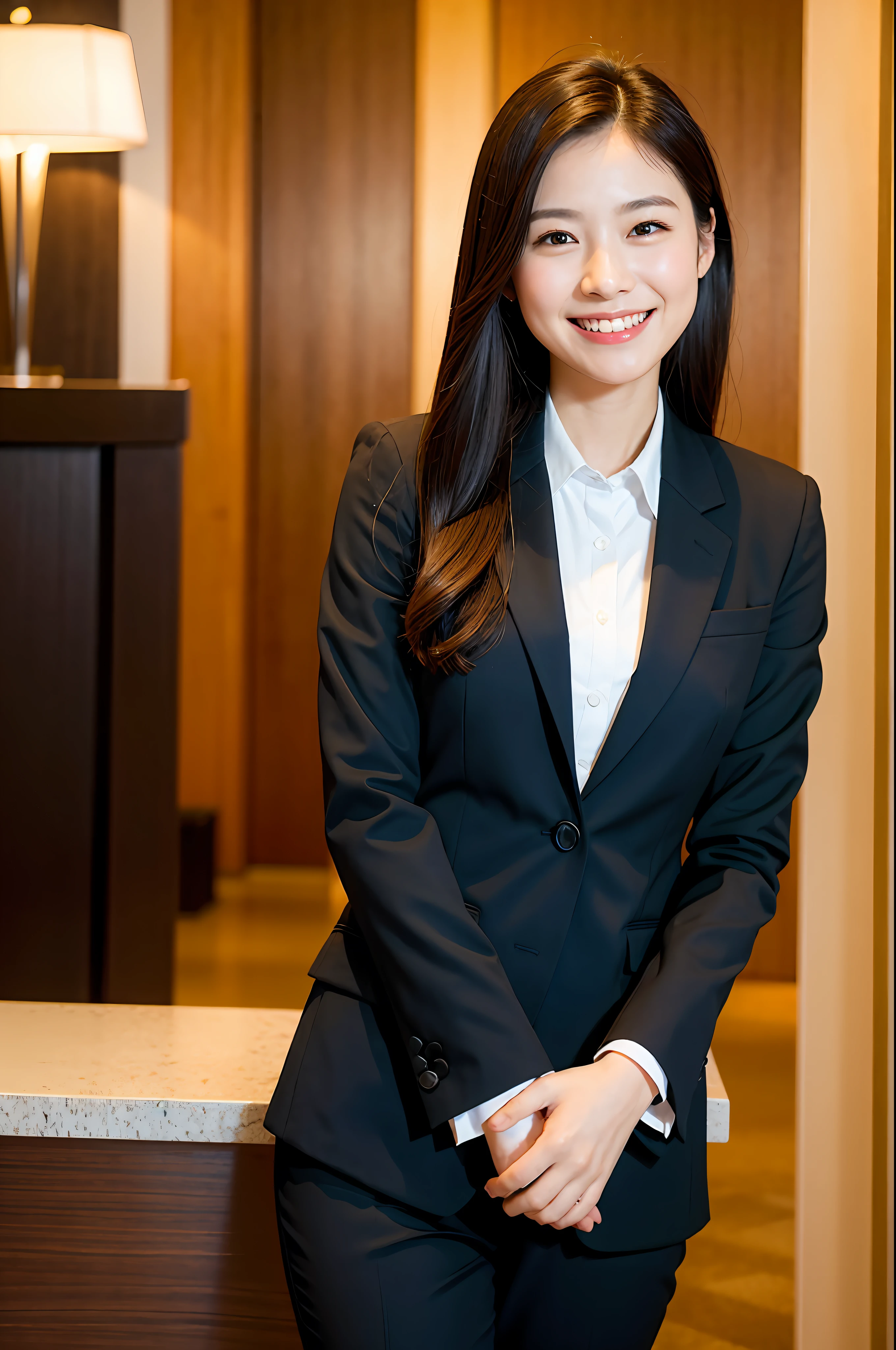Girl in hotel black suit standing smiling at hotel reception, (best quality, masterpiece: 1.2), woman