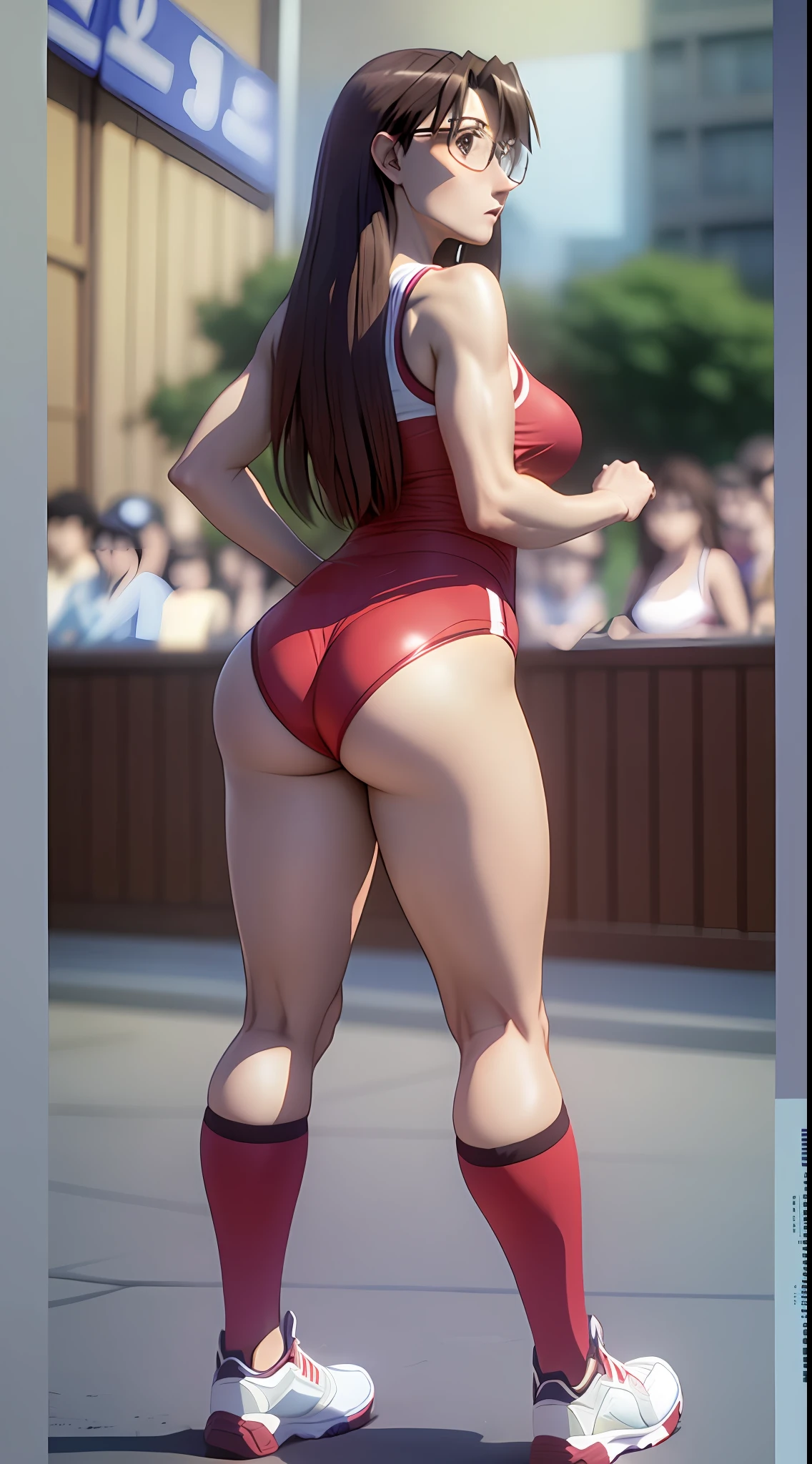 Koyomi Mizuhara, long hair, brunette female, glasses, sling swimsuit, medium size breasts, thighs, shoes, slender figure, athletic build, view from behind, plump ass, lifting her butt with both hands for a picture, pic