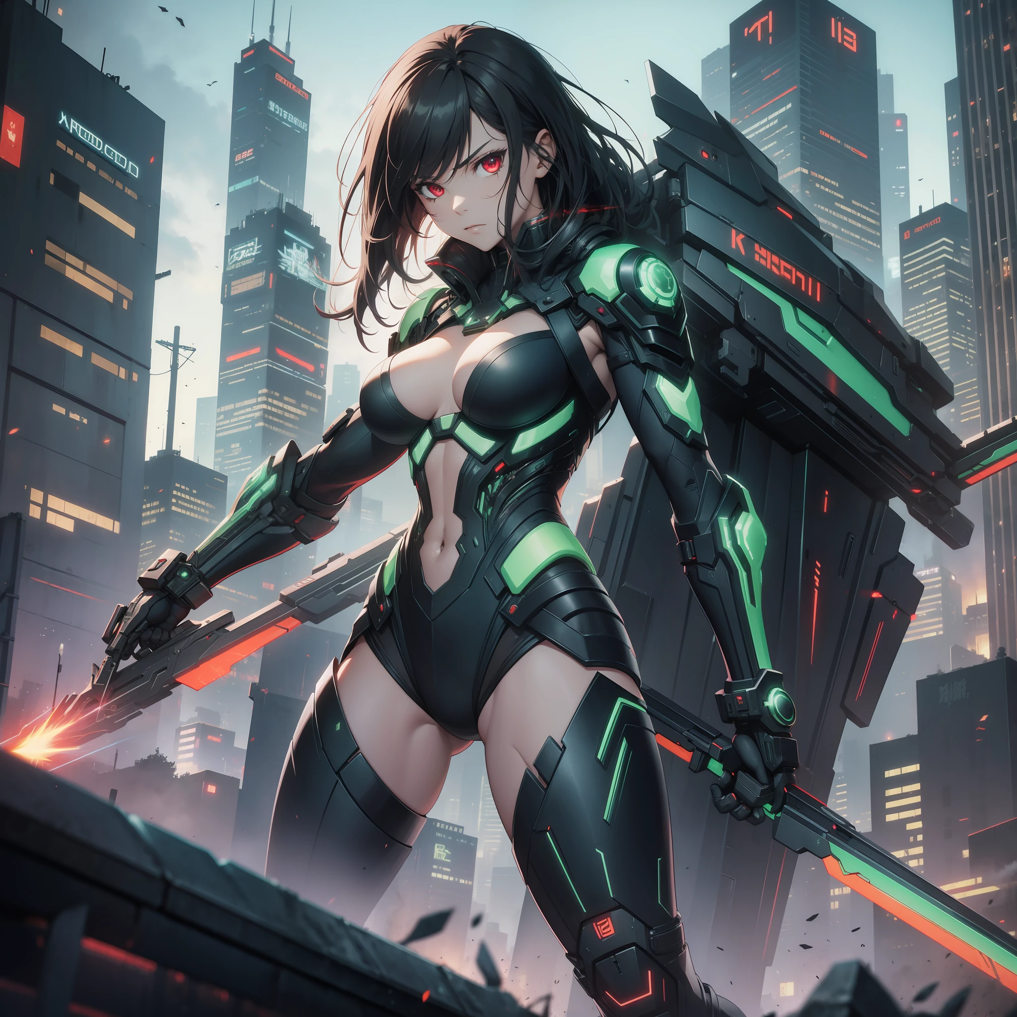 Cyberpunk, Bionics, Combat, Dark City, Weapons: Spear, Action: Stabbing Masterpiece, CG, Wallpaper, Best Quality, Red Eyes, Green Battle Suit, Battle Girl,