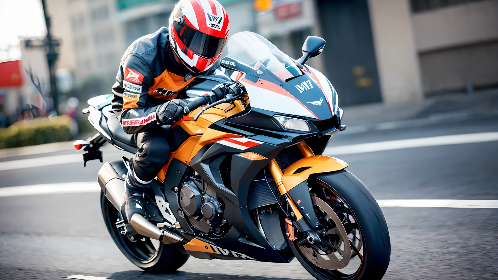 1 bite :1.2 ,(Ninja 400, Sports Racing type,Full Modified Stickers,Green Colour),(UHD,High Detailed,4k,)((Biker Stay beside the bite,Style of Selena Gomez, Brown Hairs,Model, Hollywood,Focus Face)), Portrait Post,Cenimatic Lighting,(Motion Blur Background,Speed Drive),City Background, Masterpiece :1.3,Day Lighting,Roads , Street