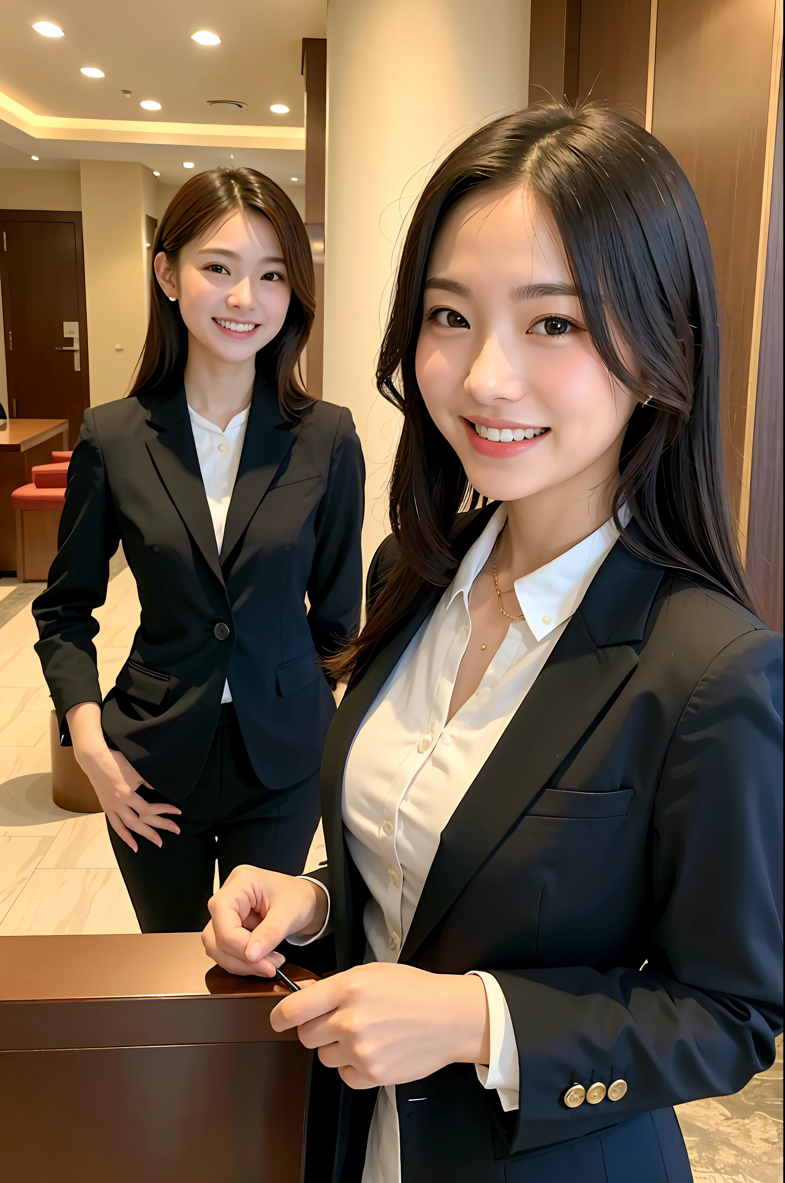 Girl in hotel black suit standing smiling at hotel reception, (best quality, masterpiece: 1.2), woman