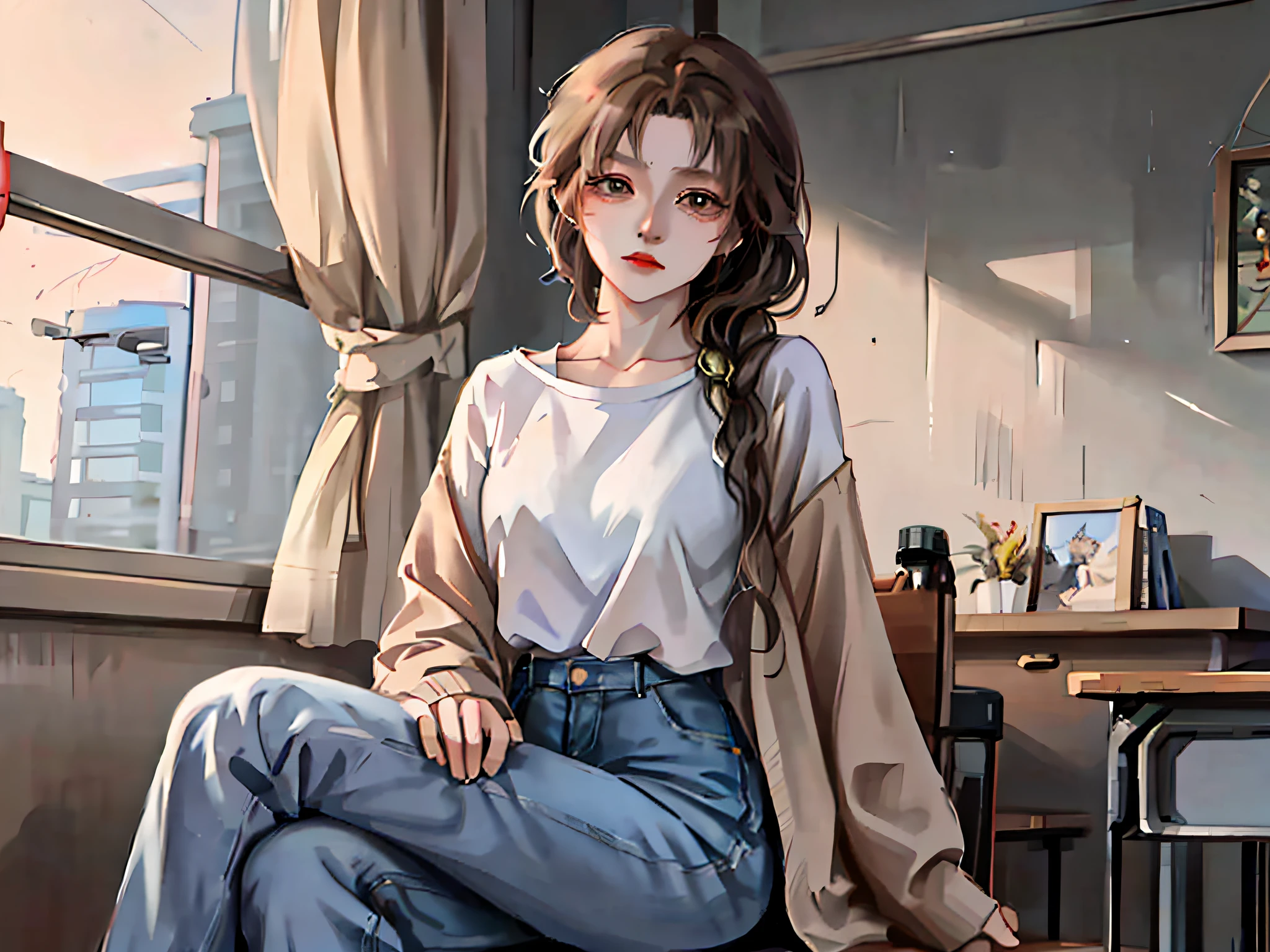anime girl sitting on a chair in a room with a window, realistic artstyle, realistic anime 3 d style, dressed with long fluent clothes, casual clothes, artwork in the style of guweiz, style anime, lofi girl, casual clothing, casual clothing style, realistic art style, casual pose, guweiz, wearing casual clothes