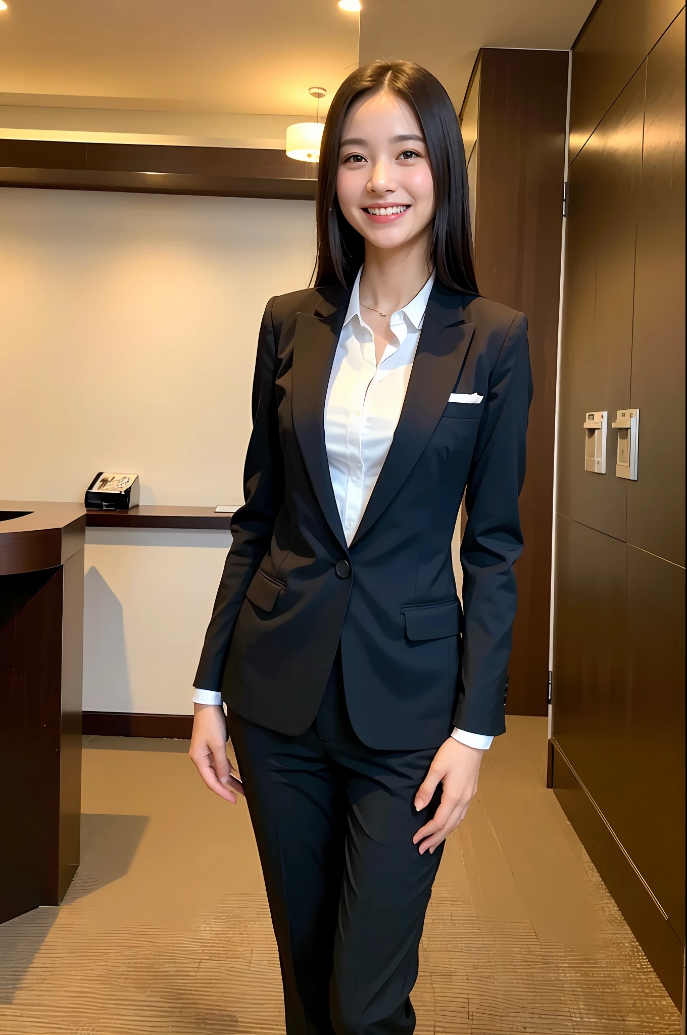 Girl in hotel black suit standing smiling at hotel reception, (best quality, masterpiece: 1.2), woman