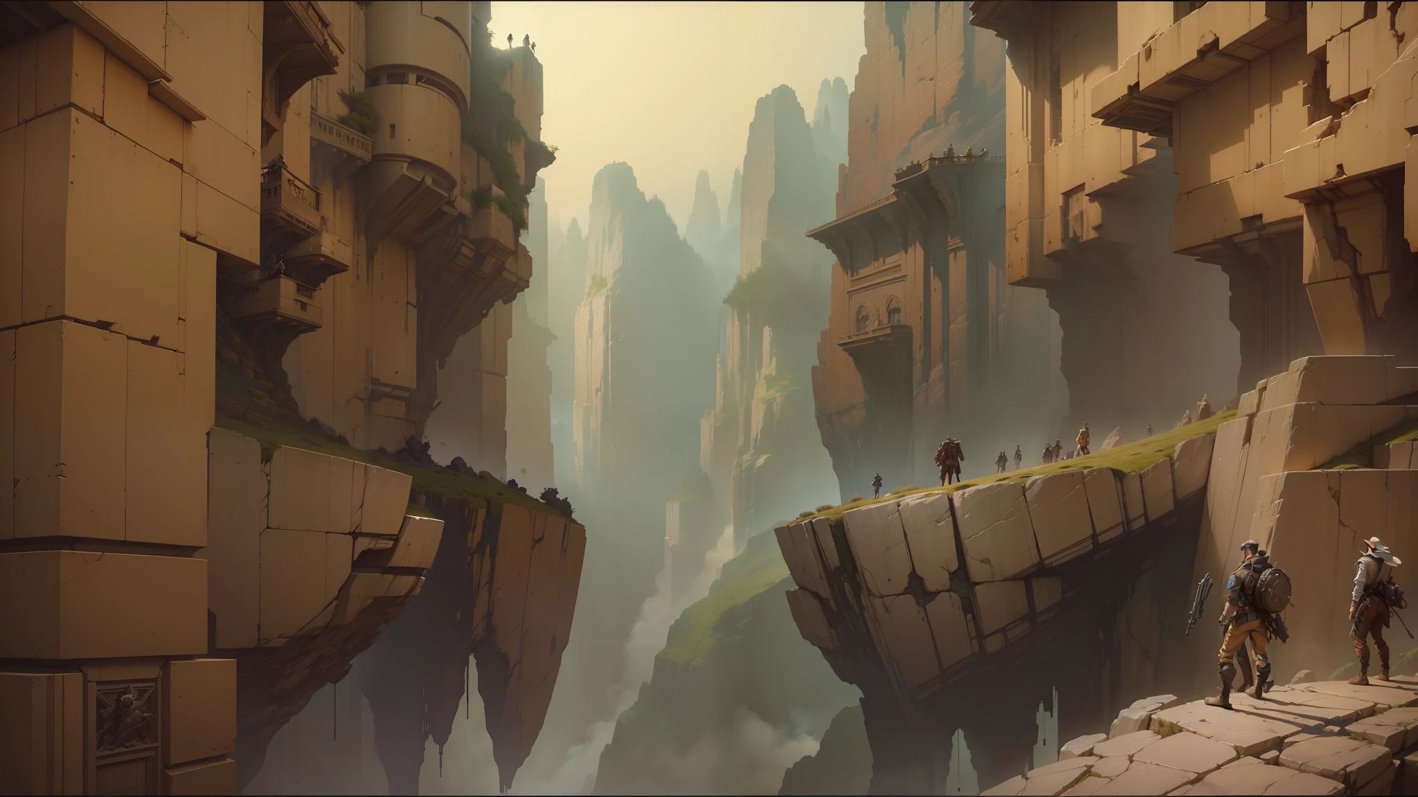 there are many people standing on the edge of a cliff, christophe young eytan zana, greg rutkowski and craig mullins, intricate matte painting, justin gerard and greg rutkowski, mars ravelo and greg rutkowski, greg rutkowski and wlum, artstyle greg rutkowski, style from greg rutkowski, andreas rocha and john howe --auto --s2
