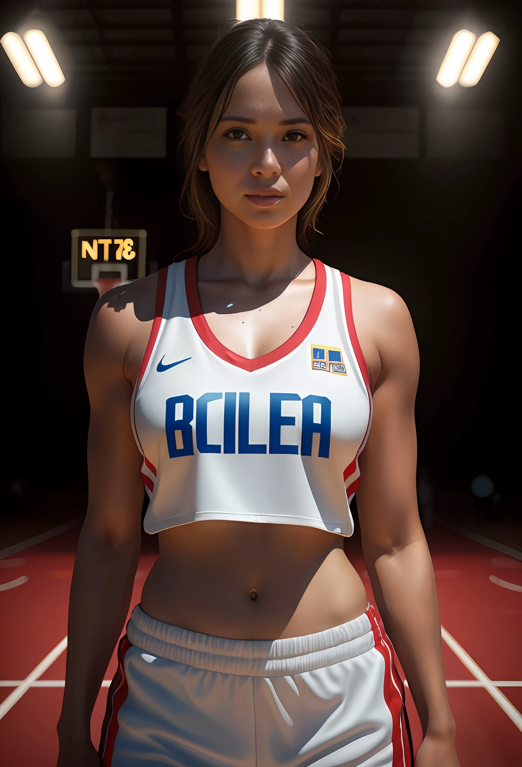 beautiful mature college girl, wearing basketball outfit, in basketball court, slim, petite,, photorealistic, photo, masterpiece, realistic, realism, photorealism, high contrast, photorealistic digital art trending on Artstation 8k HD high definition detailed realistic, detailed, skin texture, hyper detailed, realistic skin texture, armature, best quality, ultra high res, (photorealistic:1.4),, high resolution, detailed, raw photo, sharp re, by lee jeffries nikon d850 film stock photograph 4 kodak portra 400 camera f1.6 lens rich colors hyper realistic lifelike texture dramatic lighting unrealengine trending on artstation cinestill 800,