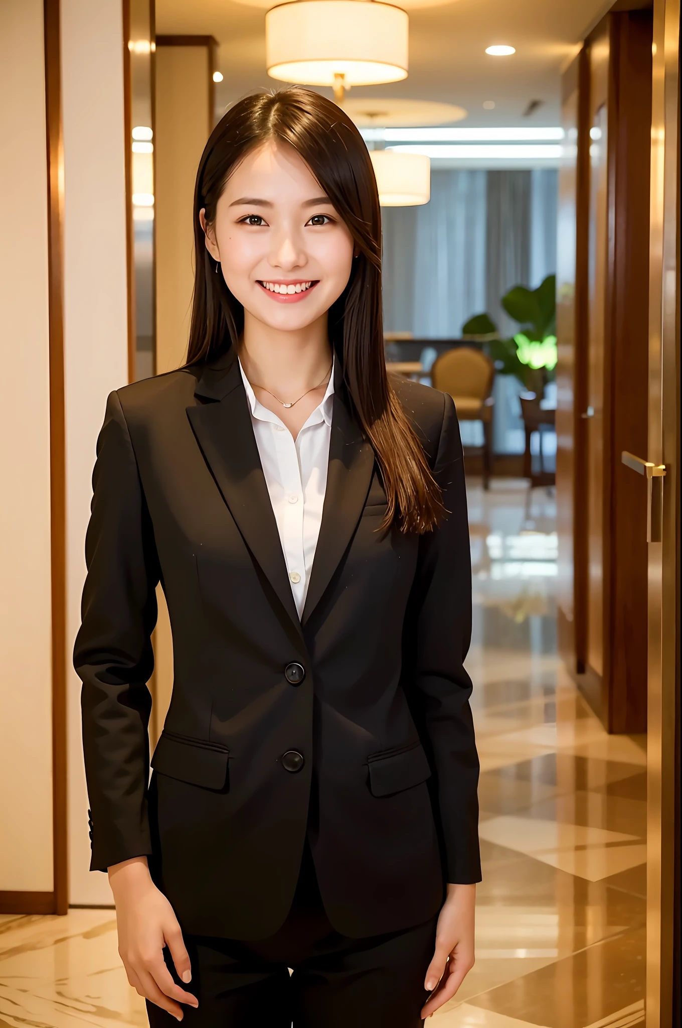 Girl in hotel black suit standing smiling at hotel reception, (best quality, masterpiece: 1.2), woman