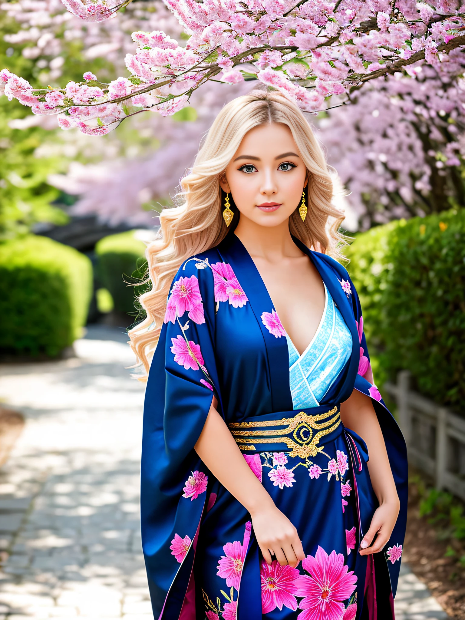 full body,full shot,sfw,Russian goddess princess girl in the form of a geisha with large bright blue eyes and long fluffy eyelashes of the Nordic type with a perfect graceful figure and very long and fluffy wavy hair of bright wheaten color stands in full growth on the alley against the backdrop of blooming Japanese pink sakura in a Japanese kimono in bright dark blue and Japanese gane shoes in bright dark blue, the girl's arms and legs have better human anatomy, on her hands there are five fingers on the hand 4 of them are long 1 large, Girl's lace kimono with intricate patterns with revealing cutouts ultra-short frankly sexy, Small breasts with protrusion are visible through the fabric, in the girl's ears are beautiful long openwork earrings with precious sapphires that shimmer and sparkle in the light, The ground on which the girl stands is generously strewn with pink cherry petals, the scene is highly artistic, high resolution, hard focus, Migjorni-V5 art style, hyper photorealism, perfect proportions, golden ratio photography, lens flares, outlines, sunlight, soft glow, soft focus, monocle style soft focus