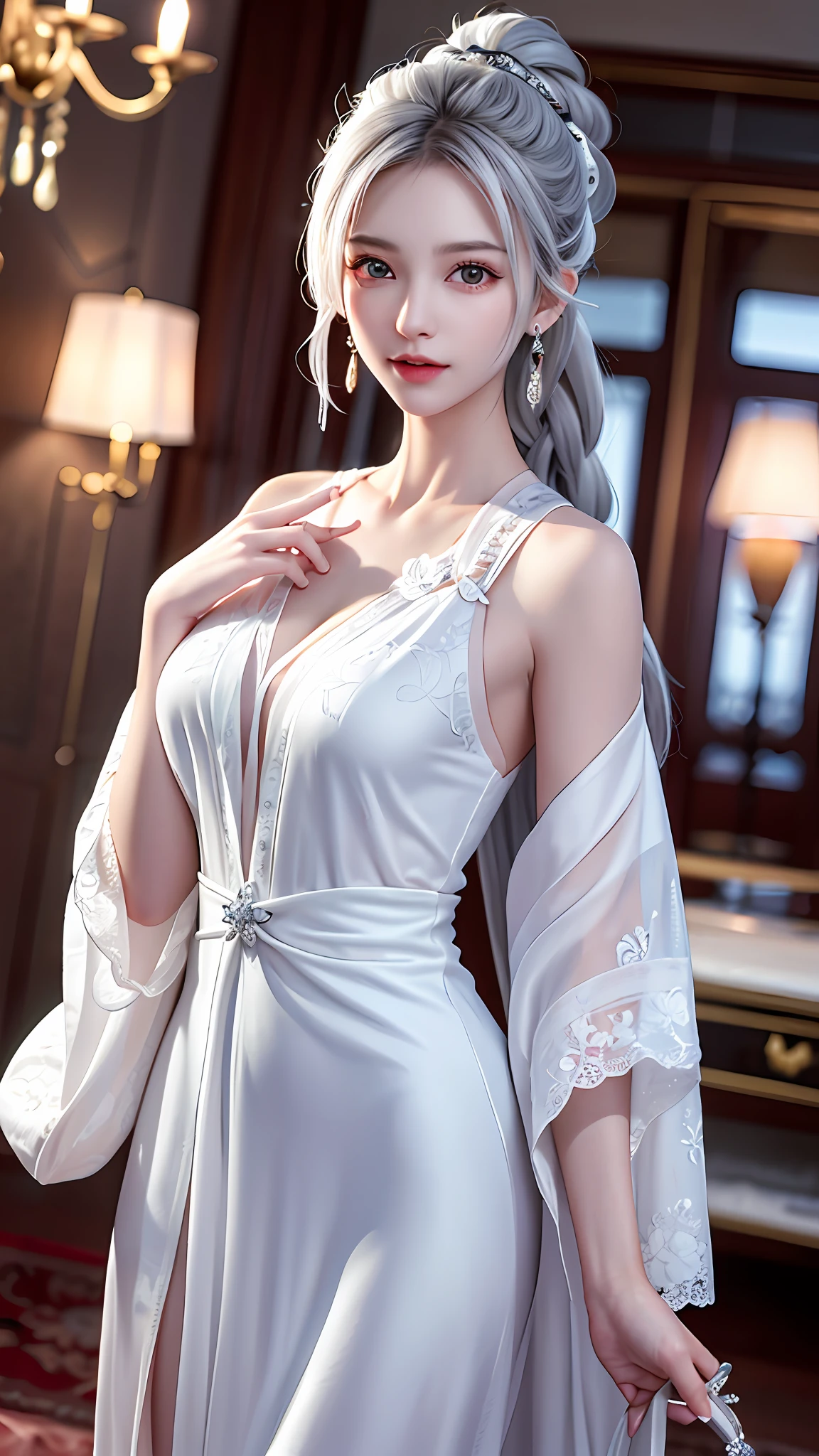 (best quality, masterpiece:1.2), ultra high res, realistic, front lighting, intricate detail, Exquisite details and textures, 1girl, solo ,(young), face highlight, upper body, detailed face, tear mole, white skin, silver hair, ponytail, braid hair, looking at viewer, big eyes, silk robe, (hollow pattern, white, silk), earrings, small breasts, slim body, luxury room, professional lighting, photon mapping, radiosity, physically-based rendering,