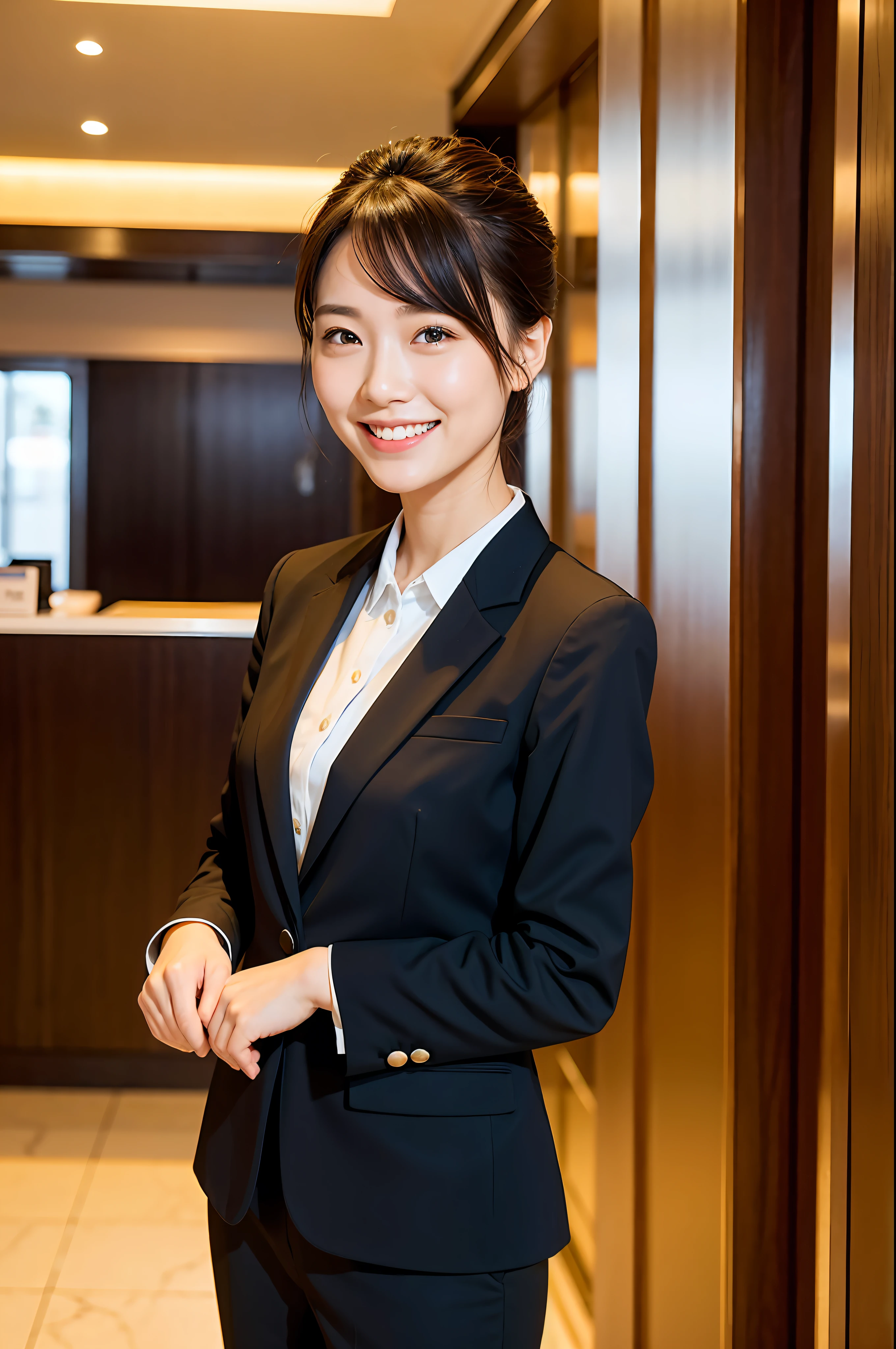 Girl in hotel black suit standing smiling at hotel reception, (best quality, masterpiece: 1.2), woman