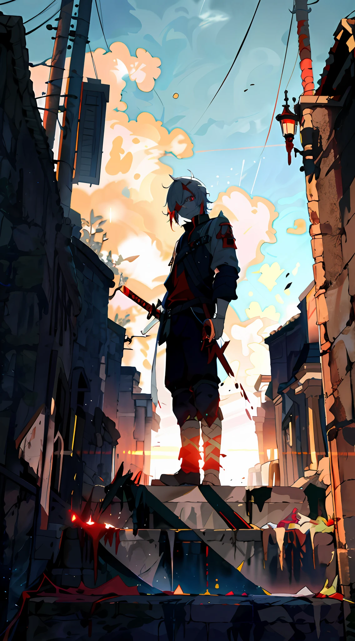The sword is in the sheath, the eyes are resolute, the blood drops, the red eyes, the blood color