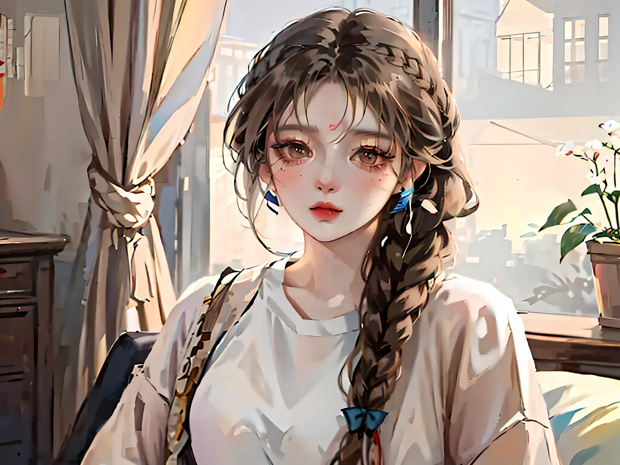 anime girl with braid hair sitting in front of a window, artwork in the style of guweiz, beautiful anime portrait, guweiz, portrait anime girl, portrait of an anime girl, detailed portrait of anime girl, kawaii realistic portrait, beautiful anime girl, realistic anime artstyle, digital anime illustration, anime realism style, stunning anime face portrait, high quality portrait